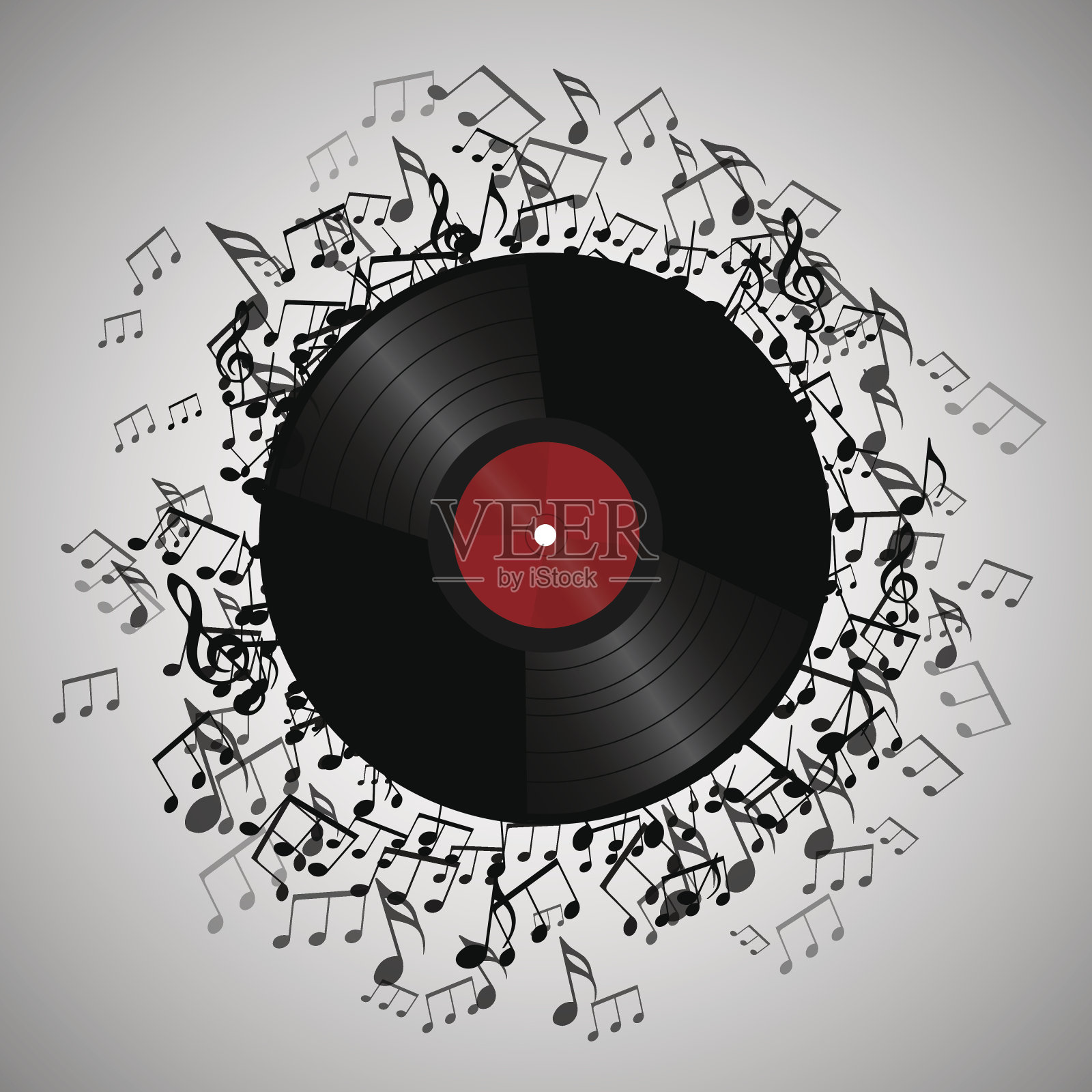 插图的黑胶唱片与音乐音符。设计元素图片