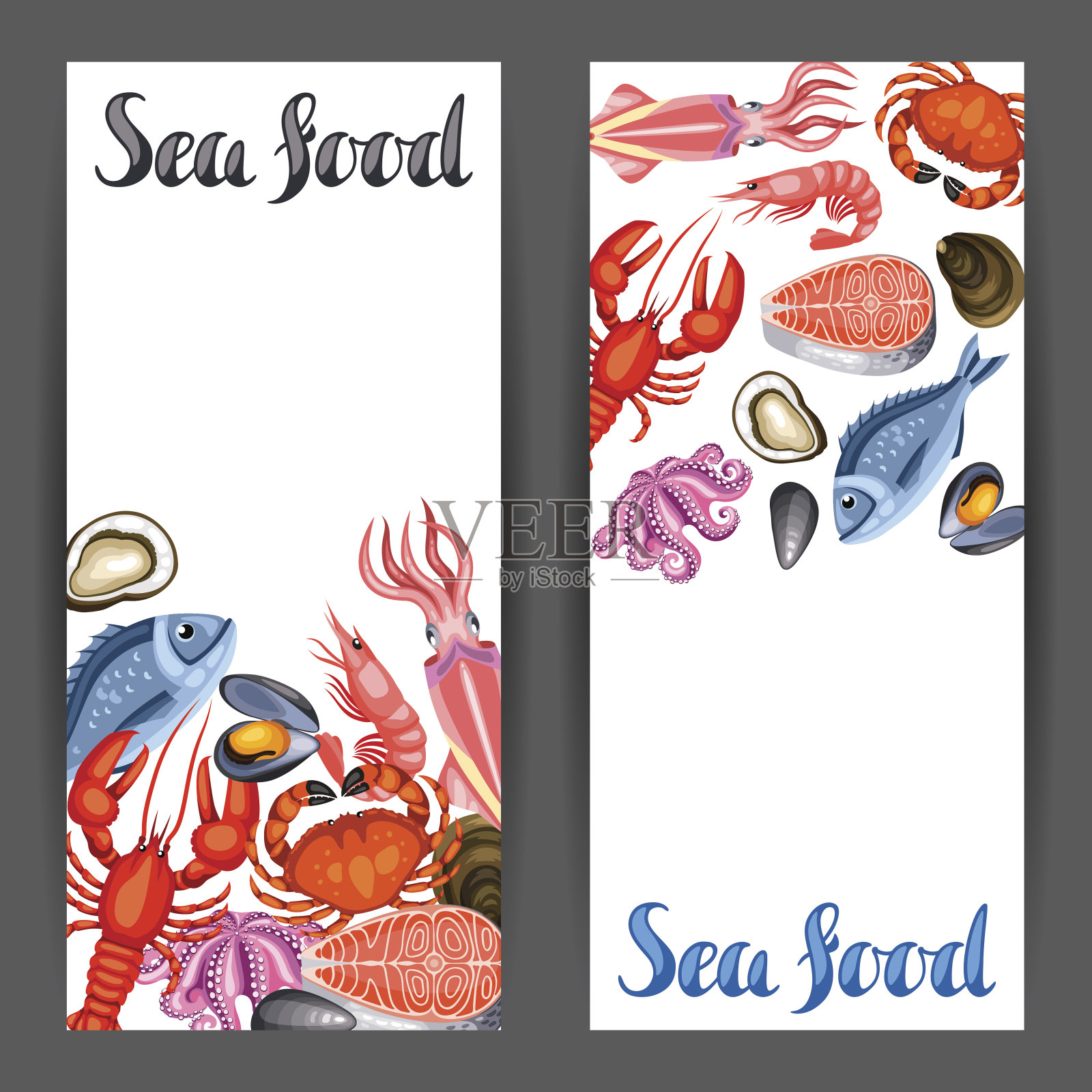 印有各种海鲜的横幅。鱼，贝类和甲壳类的插图插画图片素材