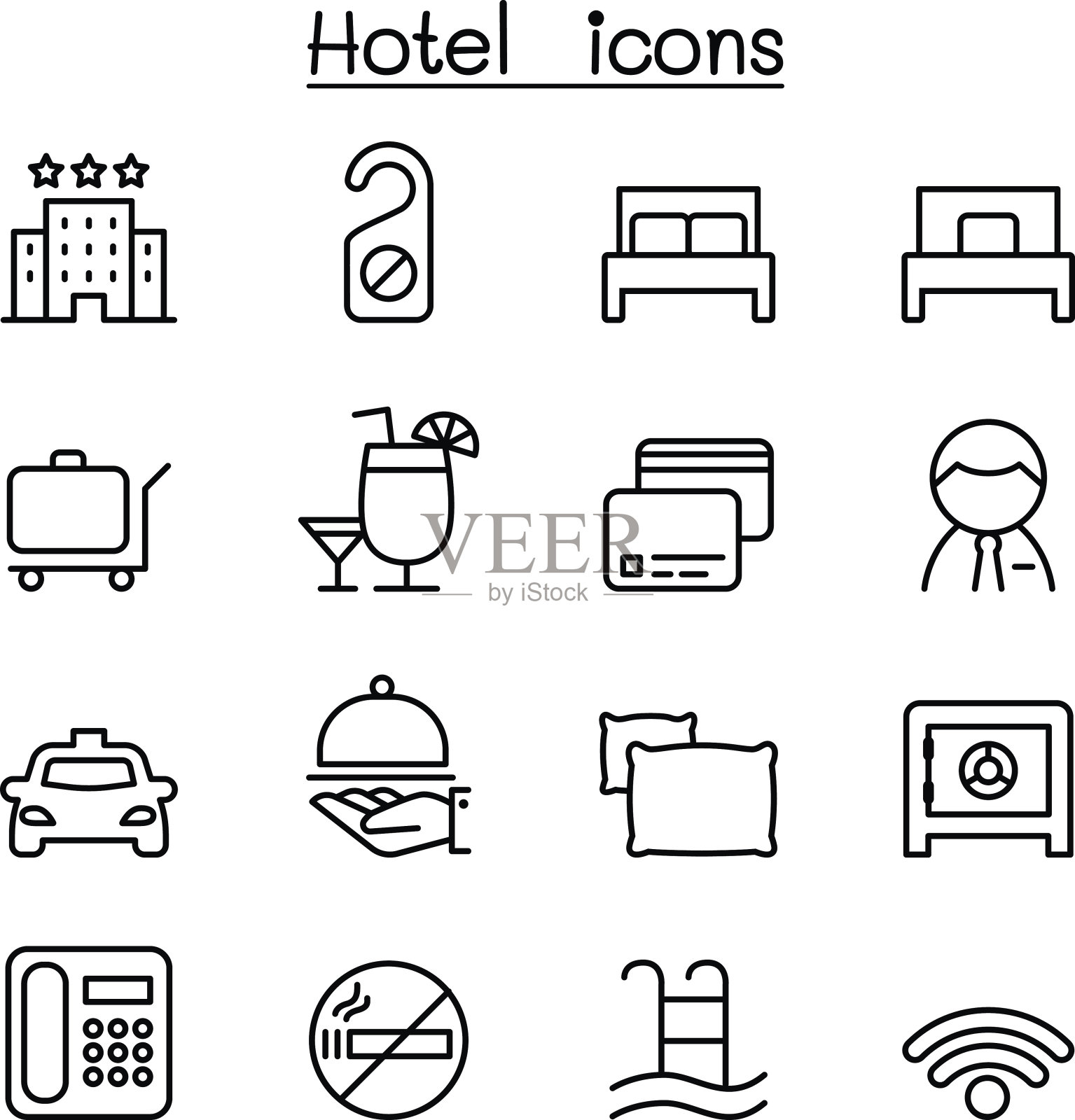 酒店图标设置在细线风格图标素材