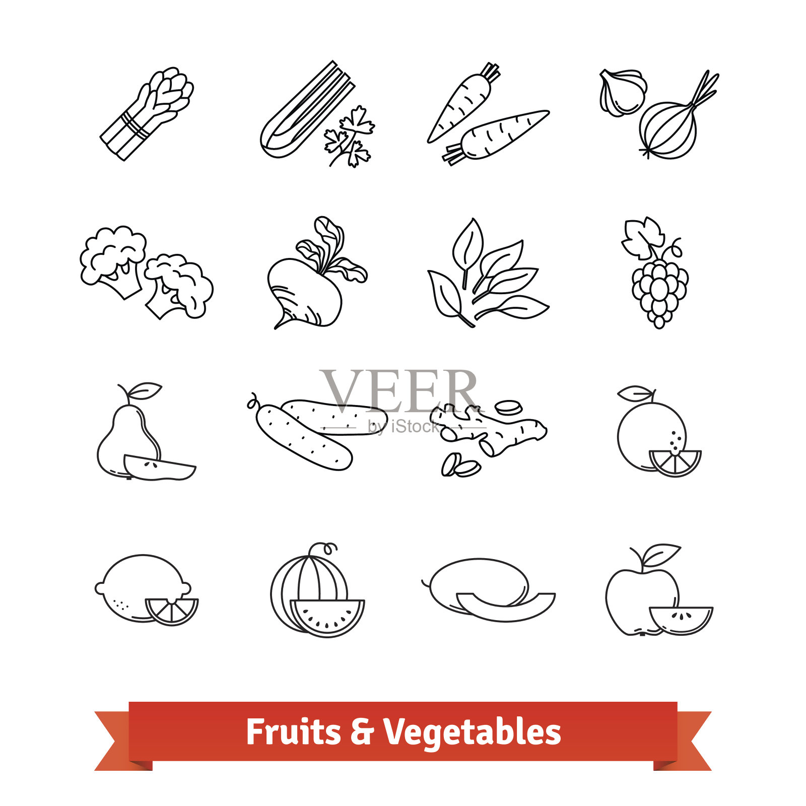 水果和蔬菜细线艺术图标集图标素材
