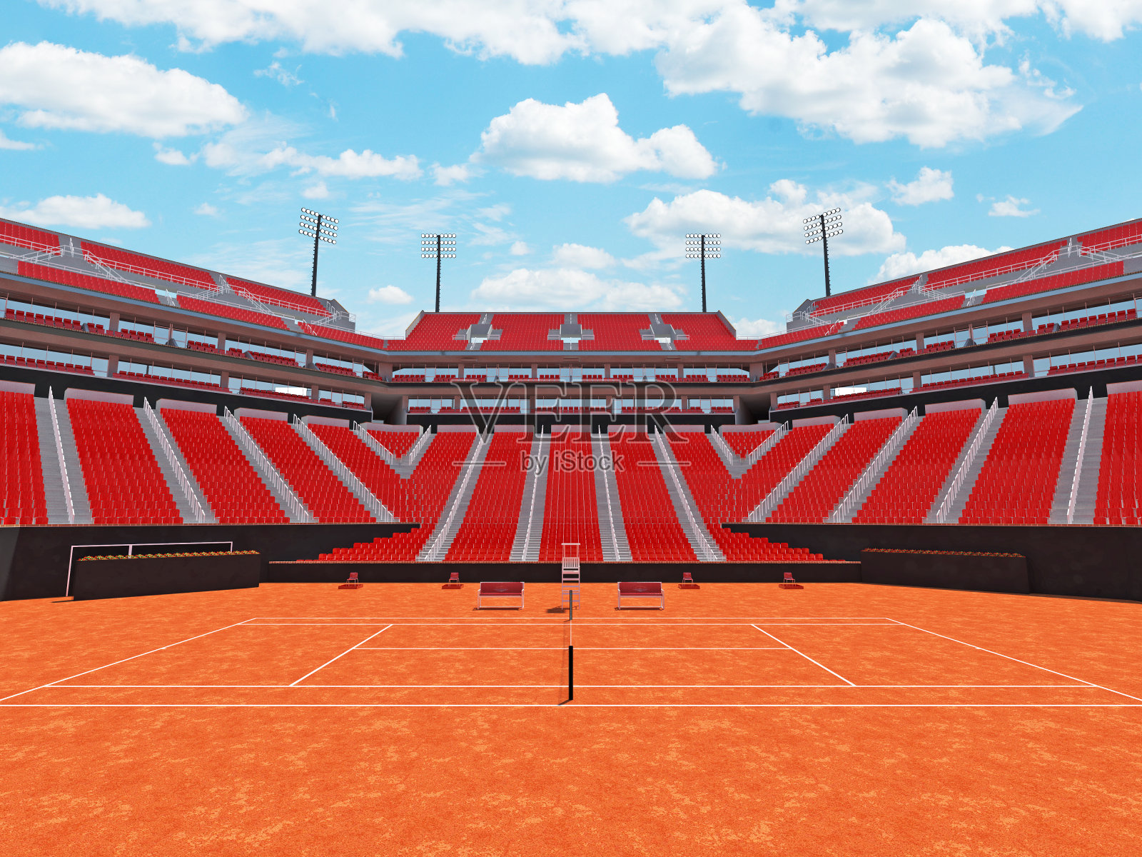 3D渲染美丽的现代网球场红土体育场与红椅子照片摄影图片