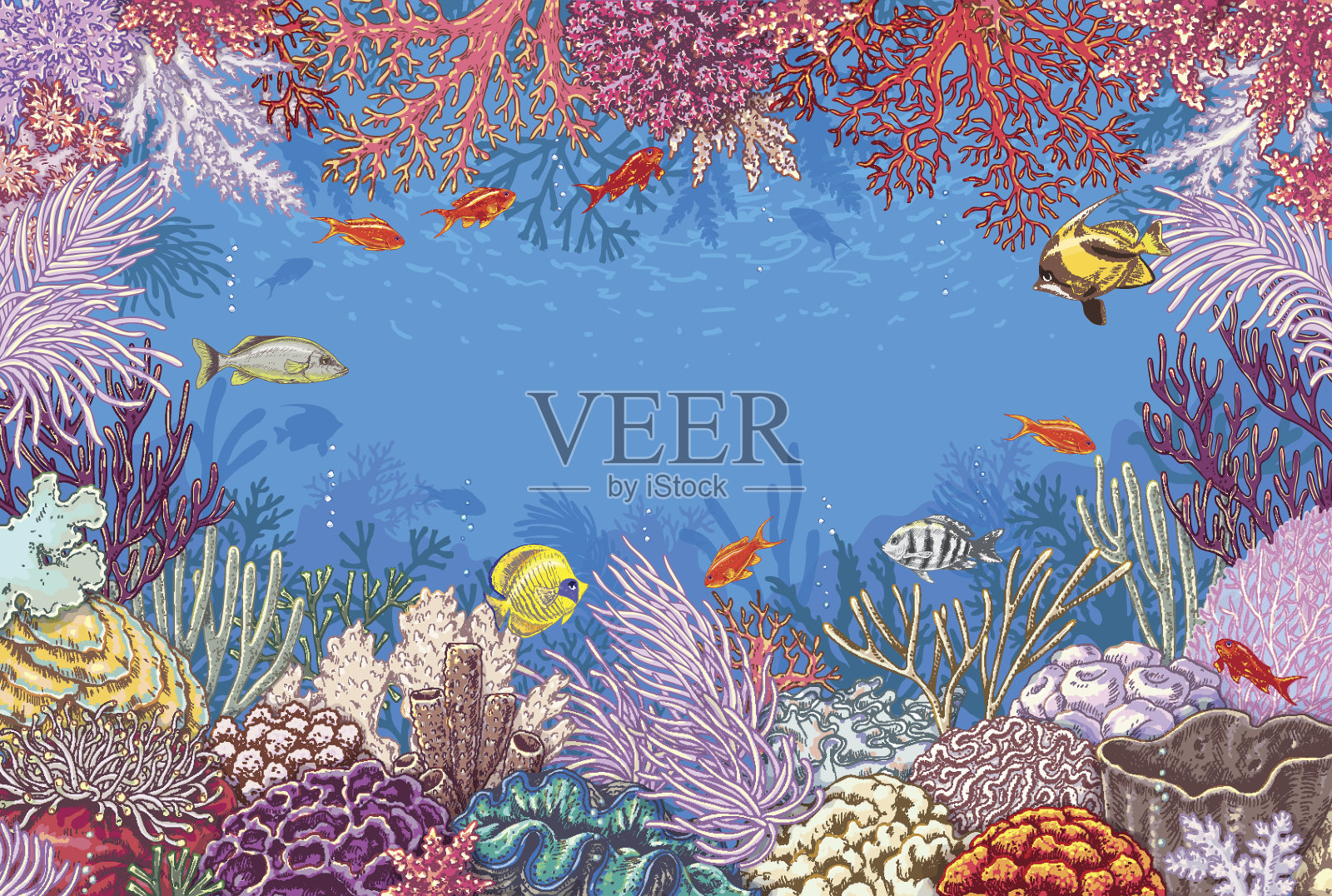 水下背景与珊瑚和鱼类插画图片素材
