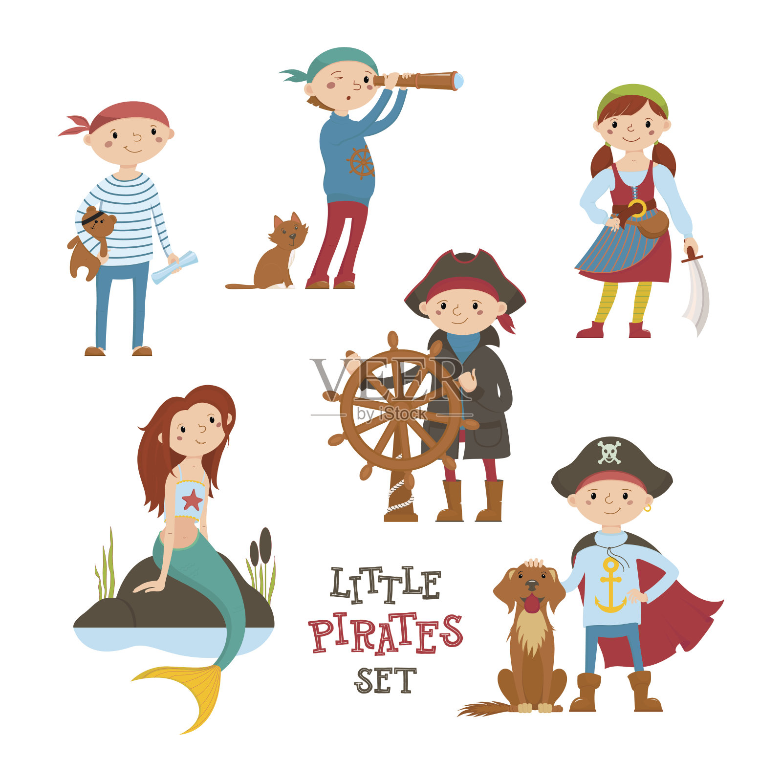 一套可爱的卡通小海盗，水手孩子和美人鱼设计元素图片