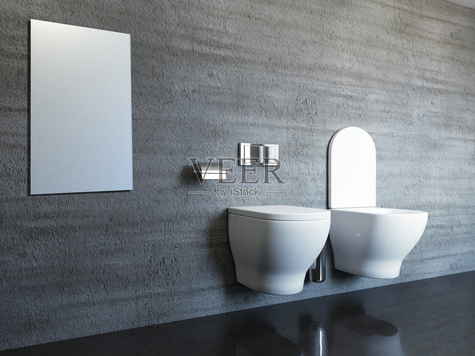 混凝土瓷砖在现代，宽敞的浴室。三维渲染照片摄影图片