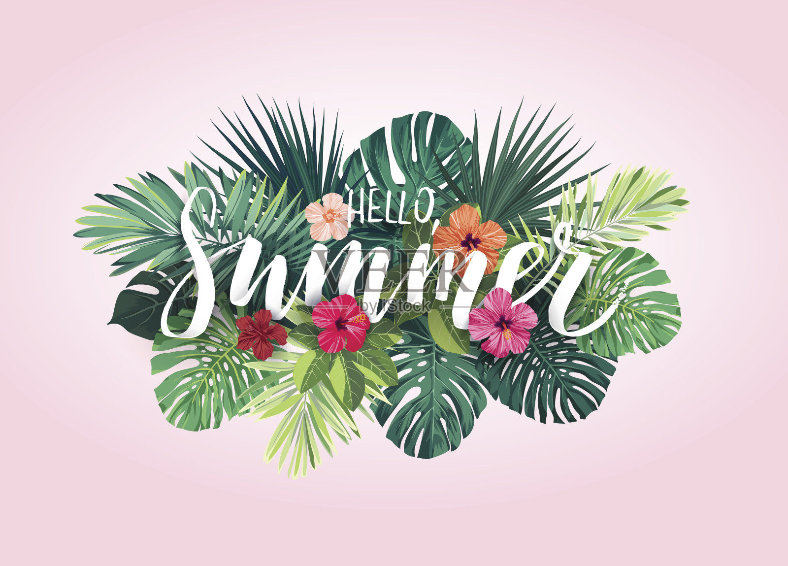 夏季热带矢量设计的旗帜或传单与异国情调的棕榈叶，木槿花和处理插画图片素材