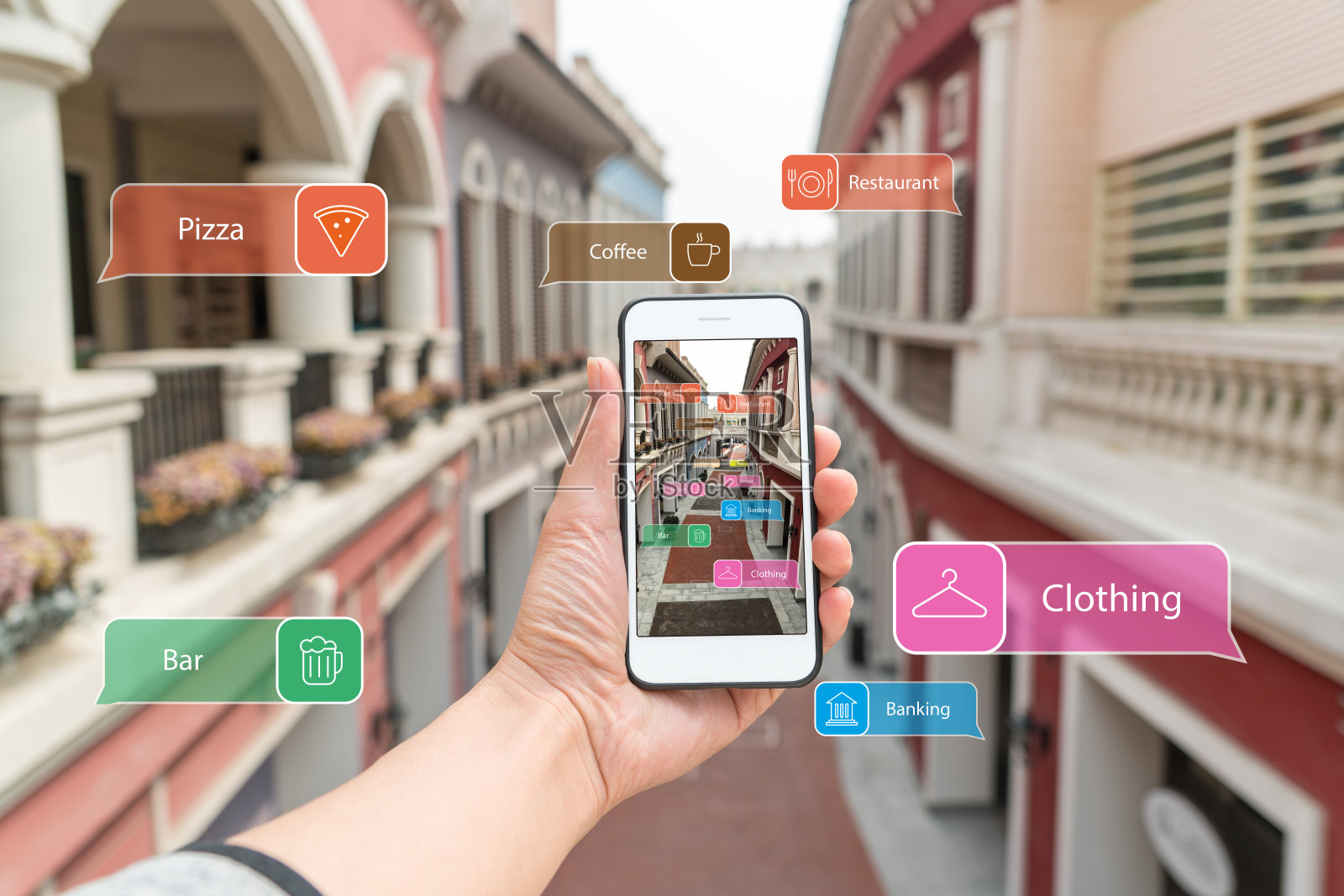 增强现实营销街。手持智能手机使用AR应用检查信息插画图片素材