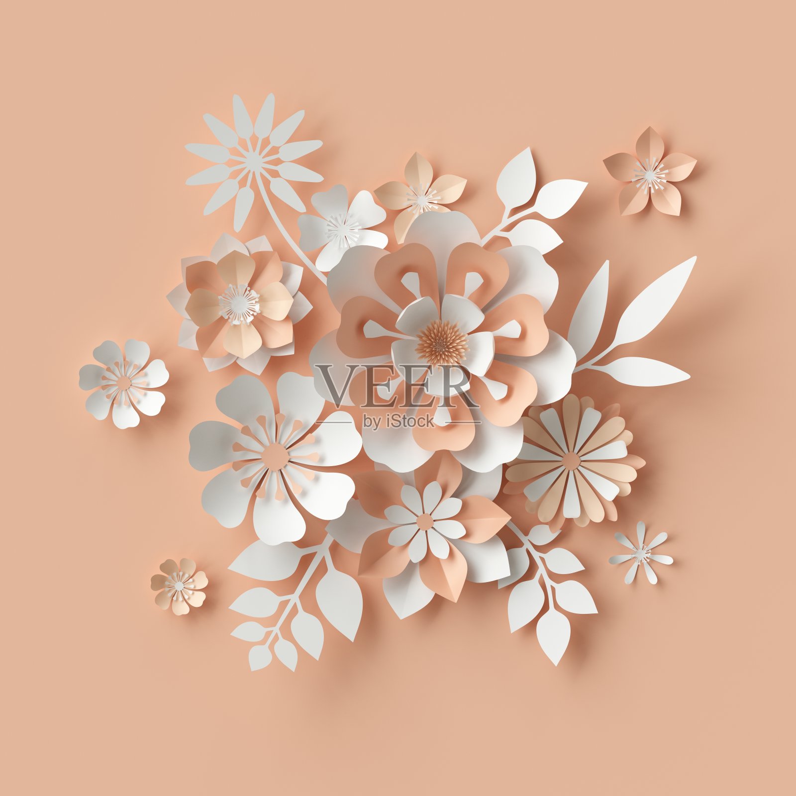 3d渲染，抽象纸花，新娘花束，装饰性花卉设计元素。桃红色背景照片摄影图片