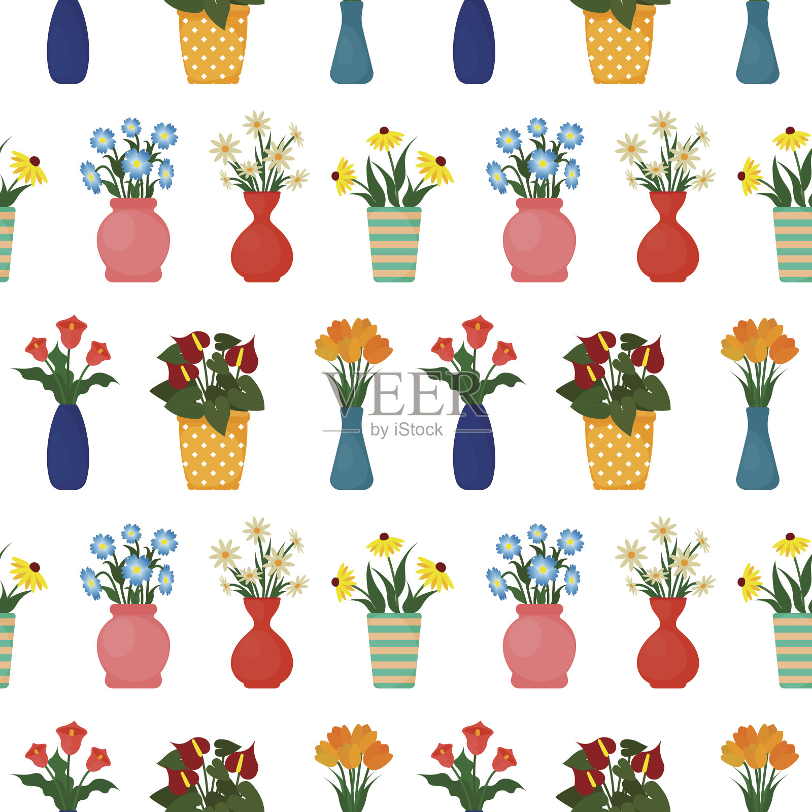 室内植物在花盆无缝模式。花盆和花瓶中的花作为背景。EPS10矢量插图在平面风格。插画图片素材
