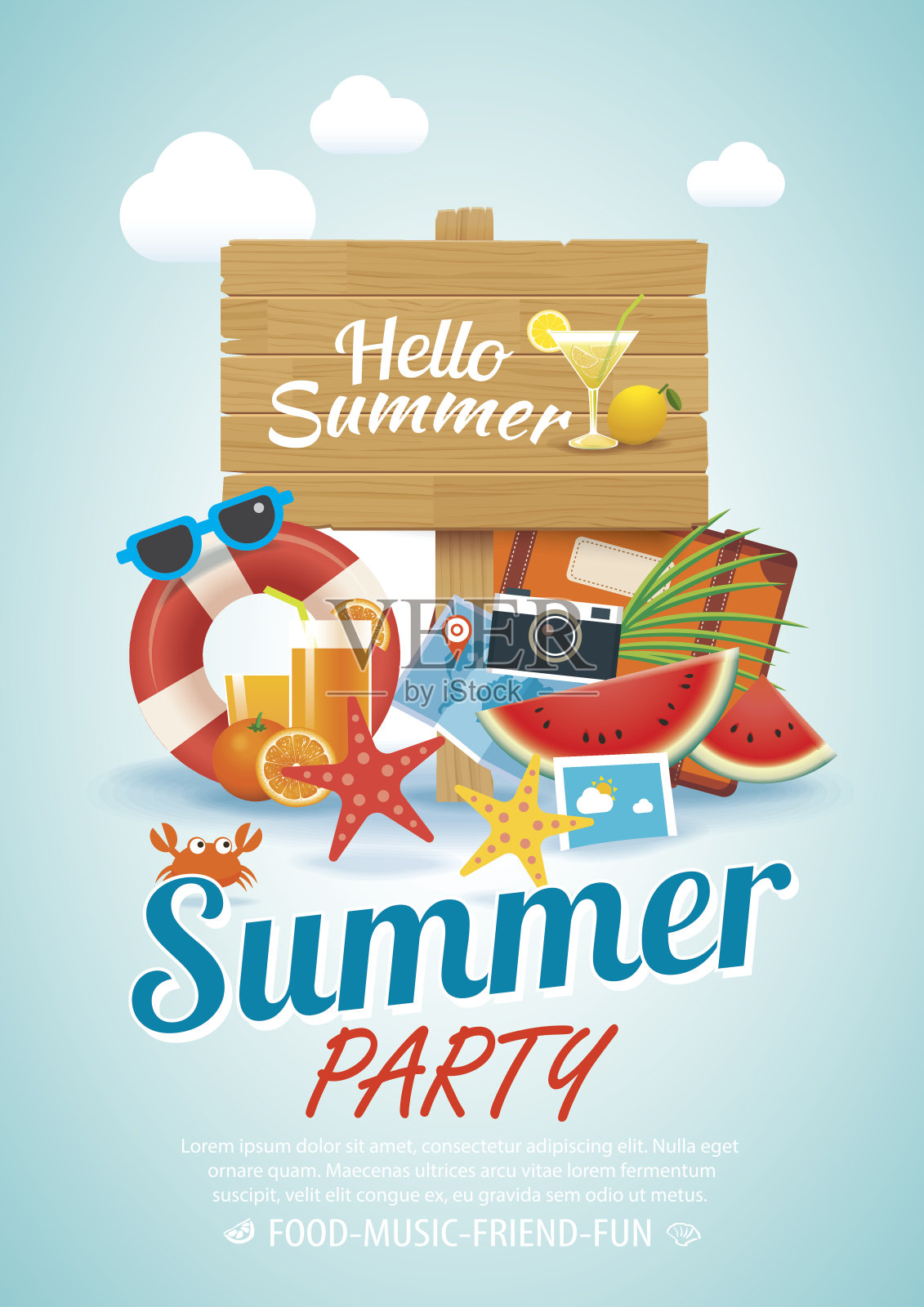 夏季海滩派对邀请海报背景元素和A4大小的木制标志。设计模板素材