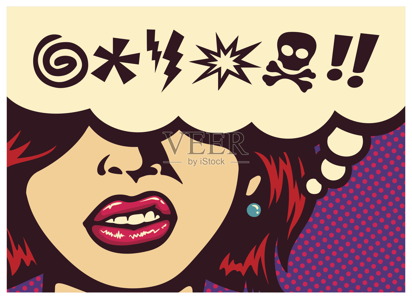 波普艺术漫画小组与愤怒的女人磨牙和讲话气泡与脏话符号向量插画图片素材