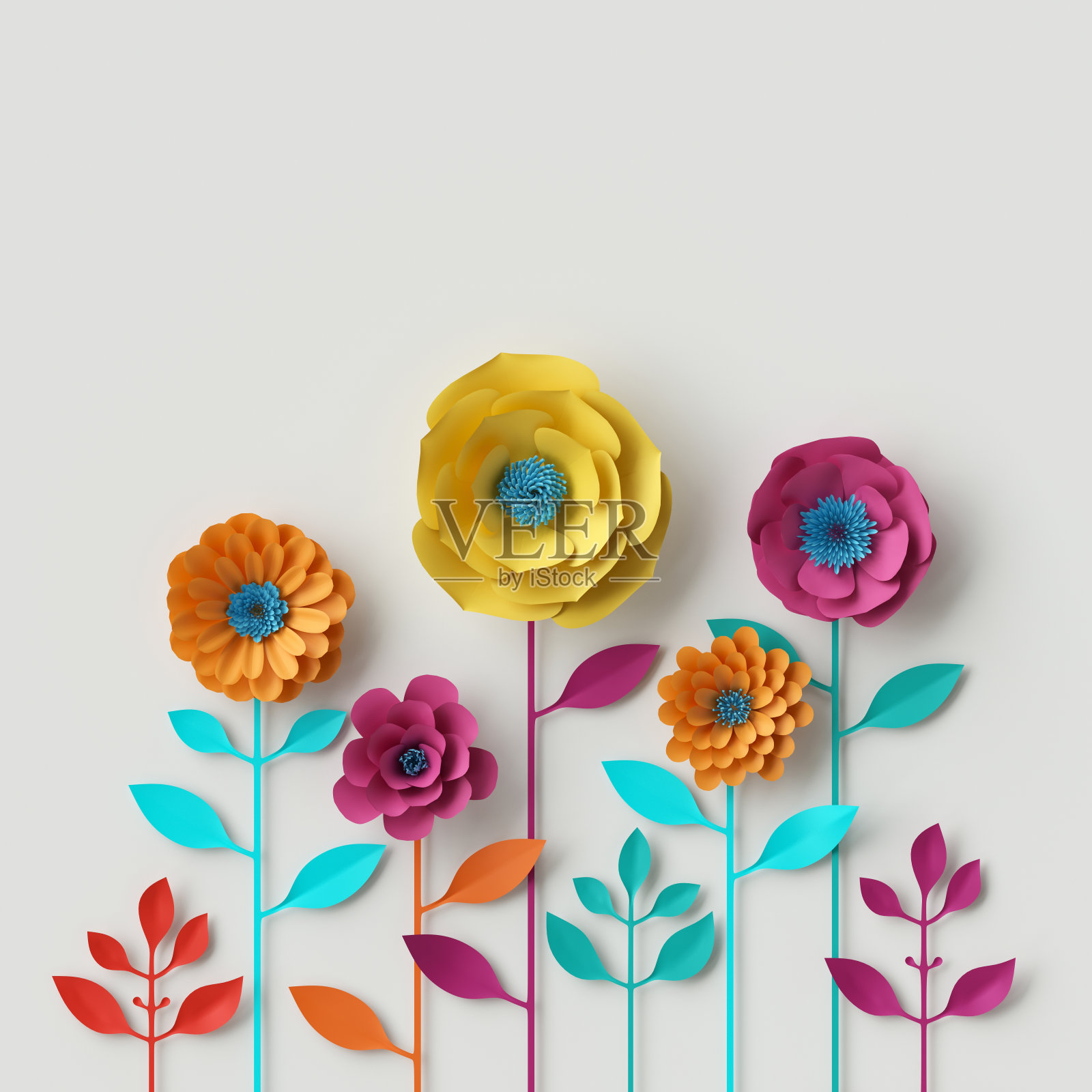3d渲染，数字插画，抽象彩色纸花，绗缝工艺，手工节日装饰，生动的花卉背景，薄荷粉黄色插画图片素材