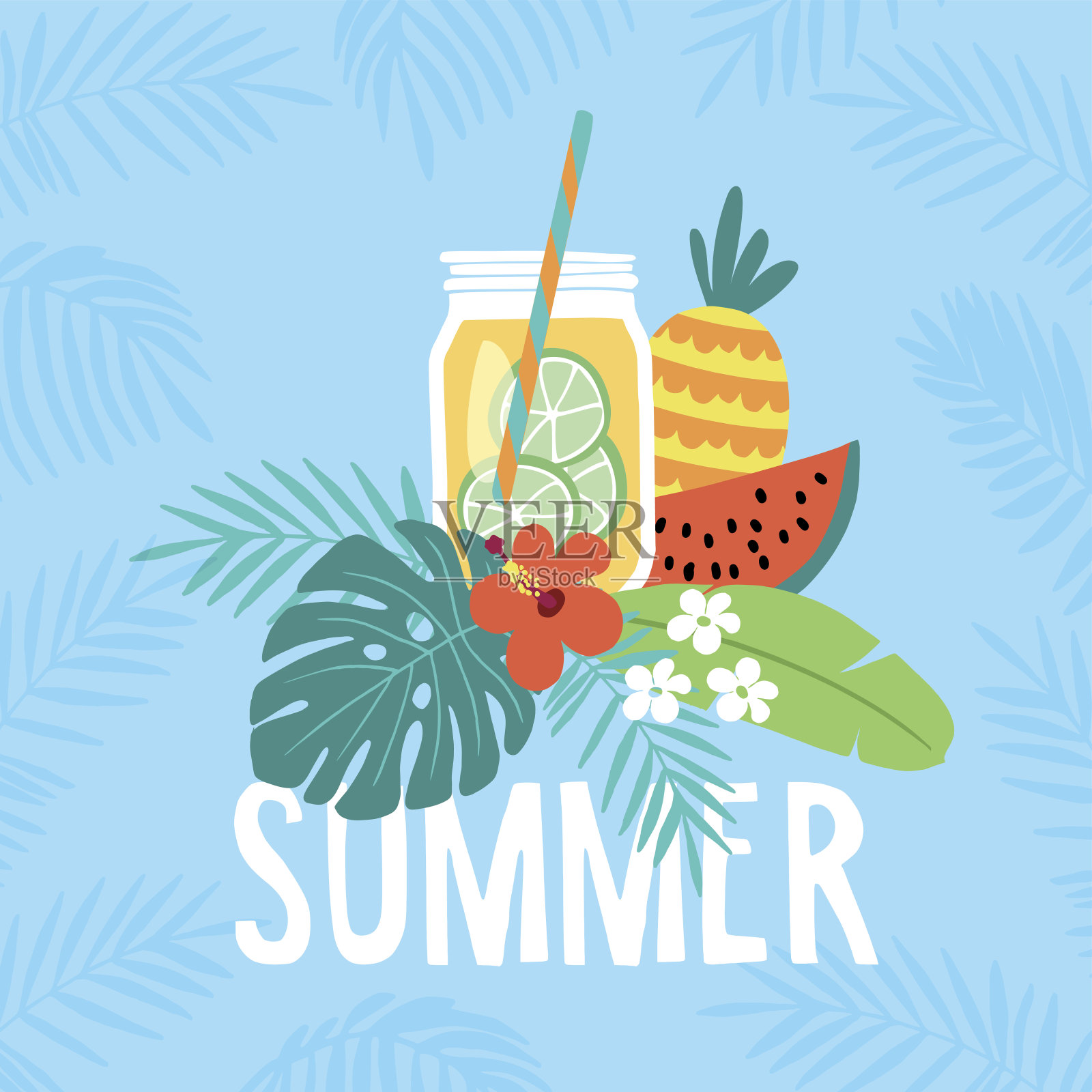 手绘的夏日贺卡，邀请与柠檬水饮料在梅森瓶。西瓜和菠萝的果实，有热带棕榈叶和芙蓉花。矢量插图，网页横幅插画图片素材