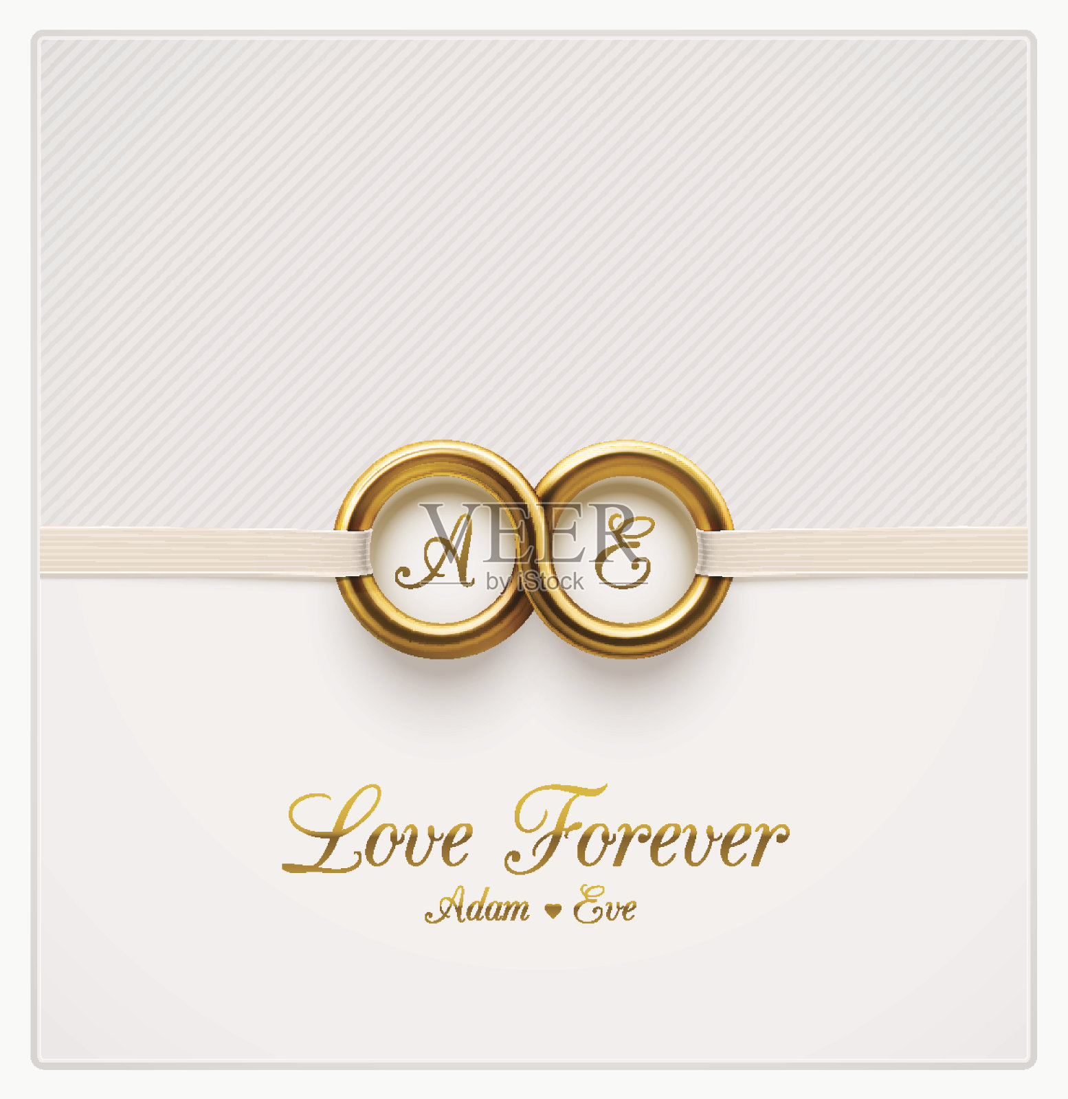 婚礼请柬白色背景和两个金戒指设计模板素材