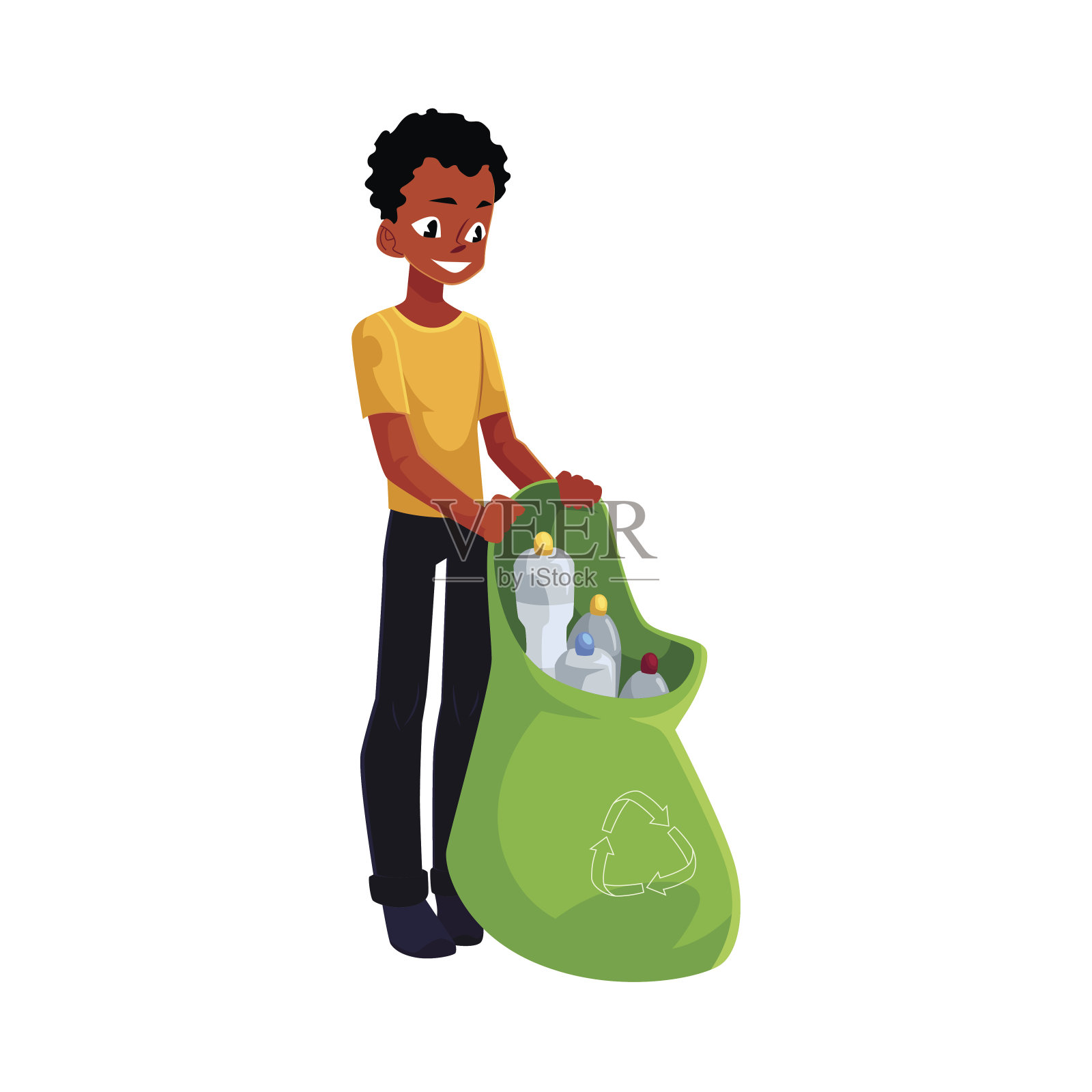 黑人拿着塑料袋，垃圾回收的概念插画图片素材