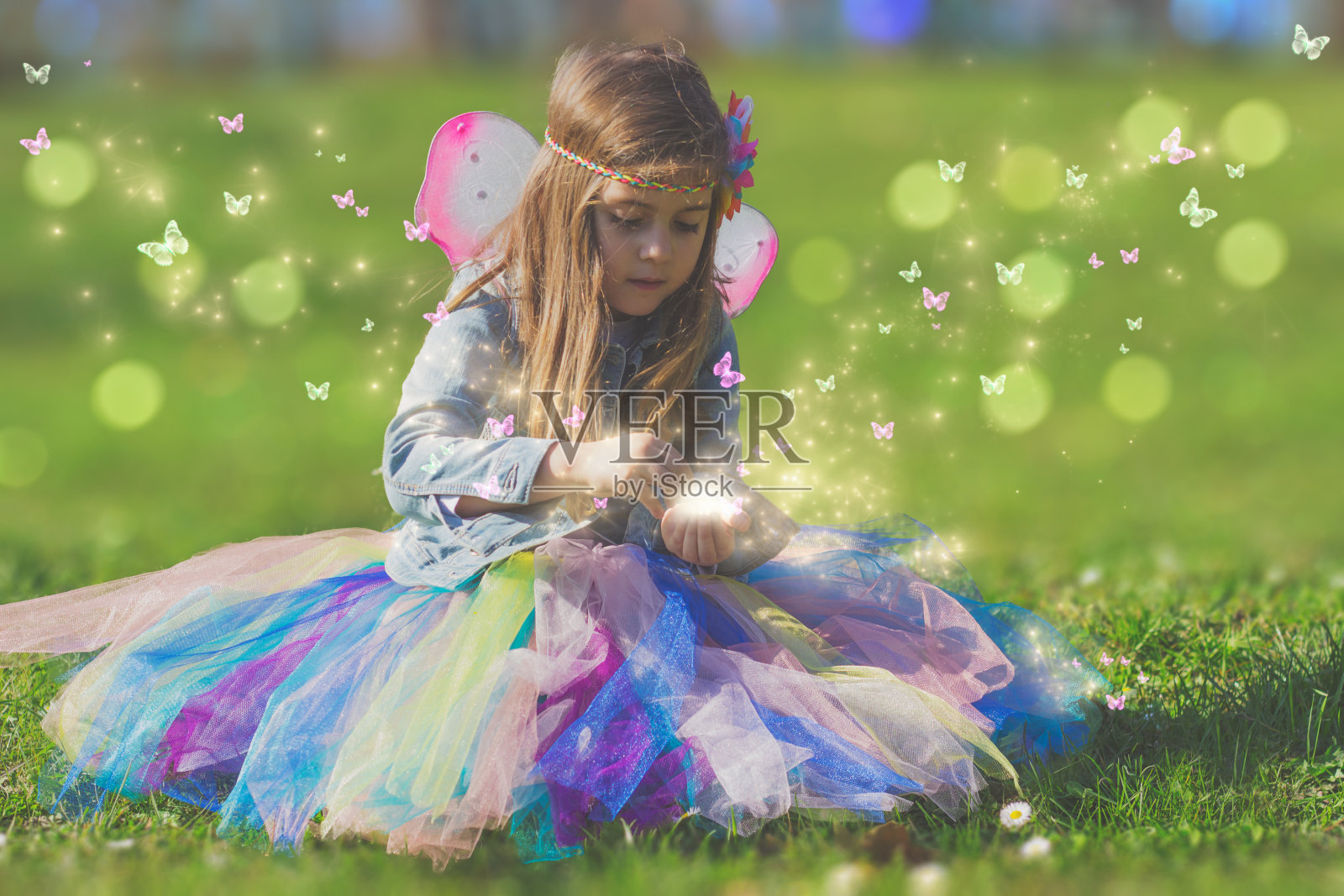 美丽的小女孩和神奇的蝴蝶;幻想的概念照片摄影图片