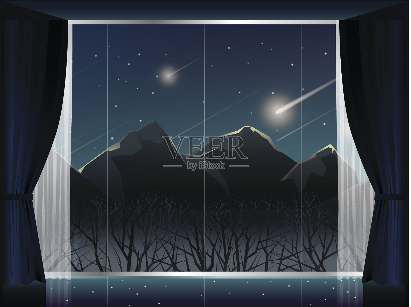 大窗房，夜间山巅流星雨观插画图片素材