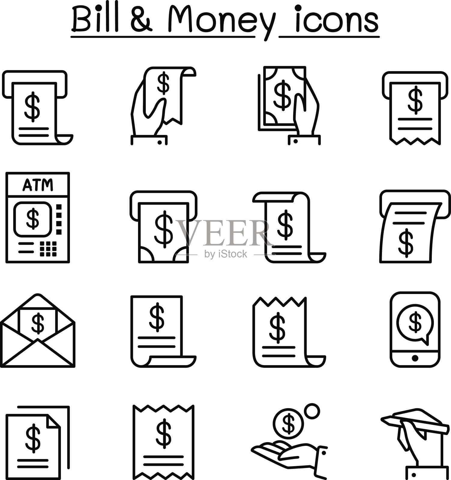 比尔和金钱图标设置在细线风格图标素材