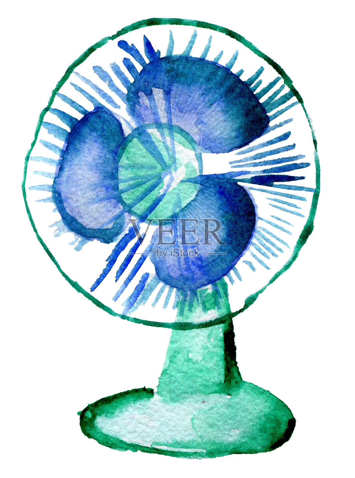 水彩素描的蓝色电风扇在白色的背景插画图片素材
