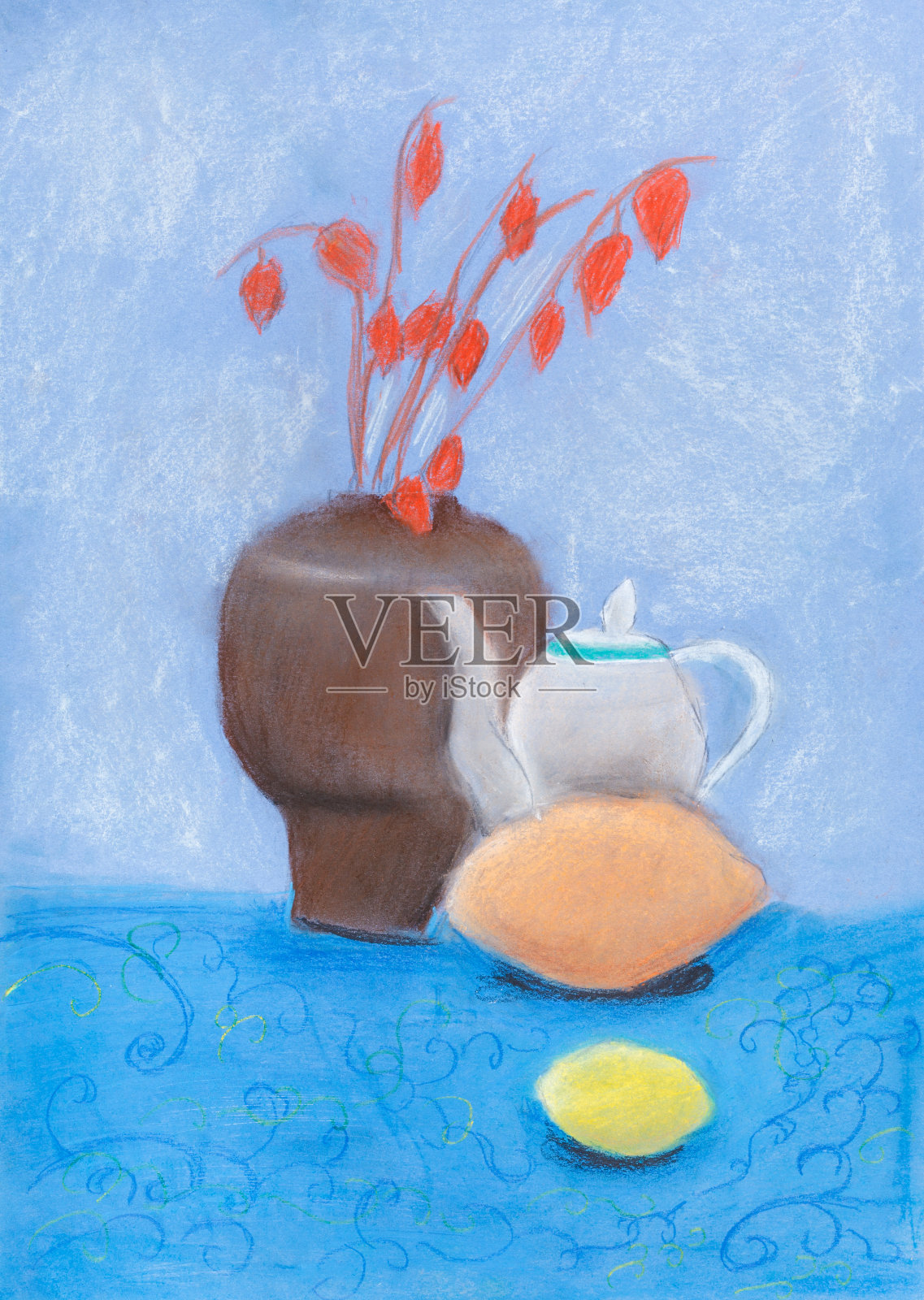 有花瓶，水壶，柠檬的静物画插画图片素材