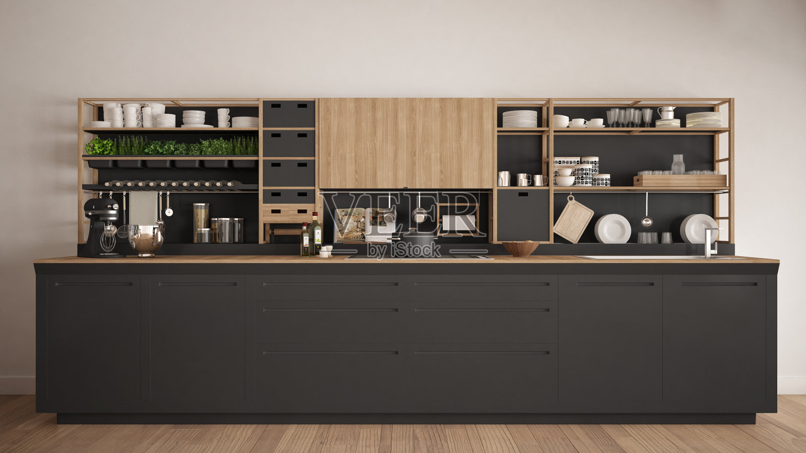 极简主义的灰色木制厨房与电器近距离，斯堪的纳维亚经典的室内设计照片摄影图片