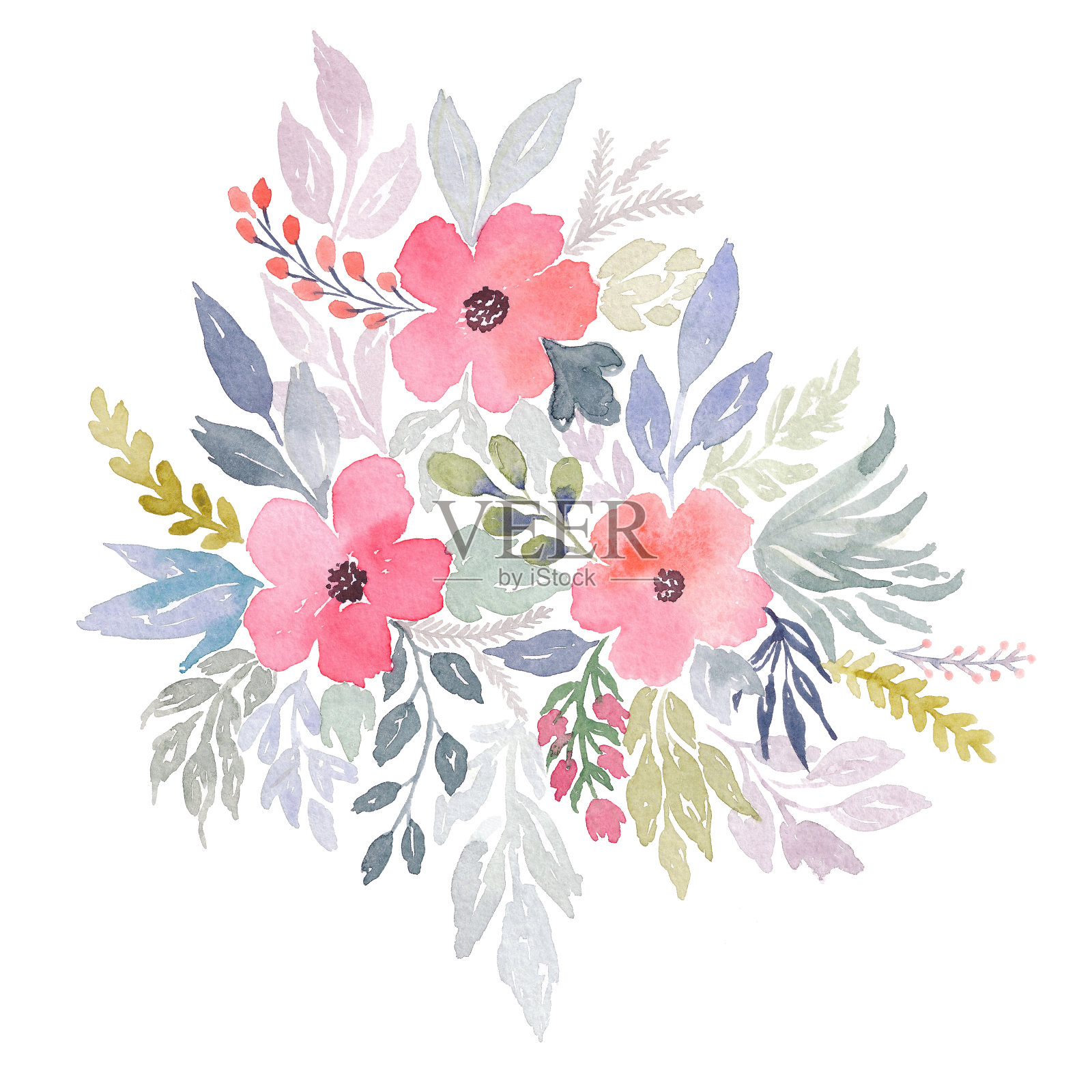 水彩花束:玫瑰，郁金香，牡丹和叶子插画图片素材