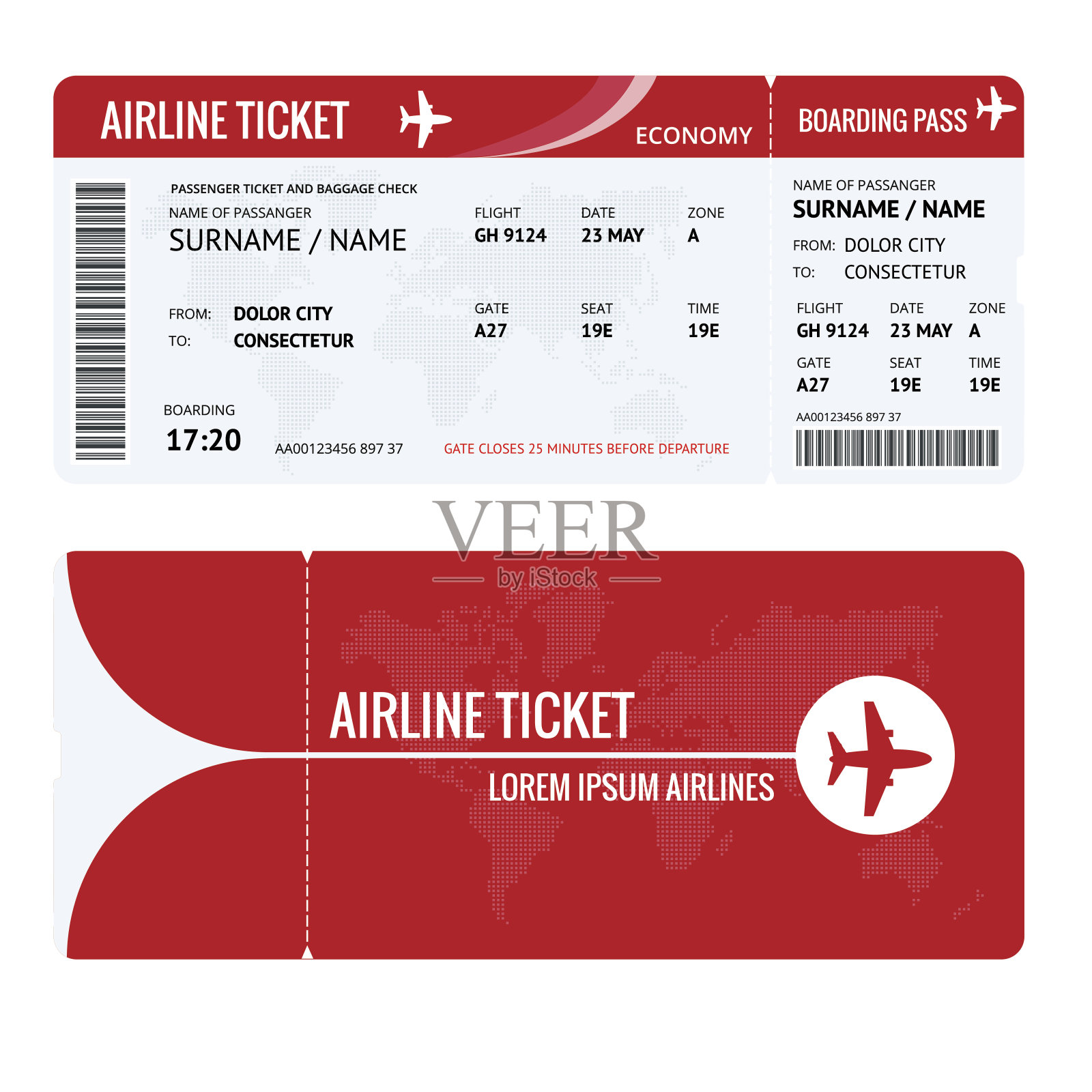 乘坐飞机的机票或登机牌在白色隔离上。矢量插图。插画图片素材