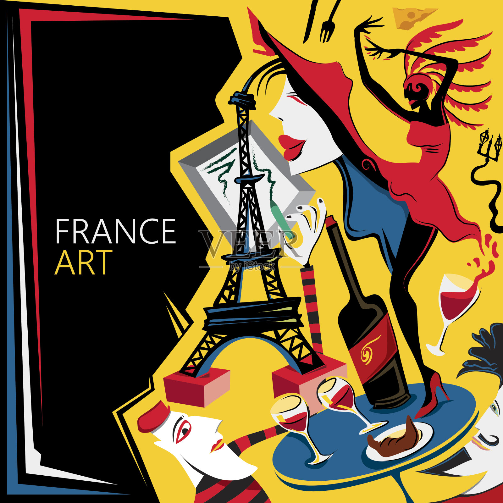 巴黎咖啡馆抽象艺术，法国风格艺术，咖啡馆菜单或海报(矢量艺术)插画图片素材