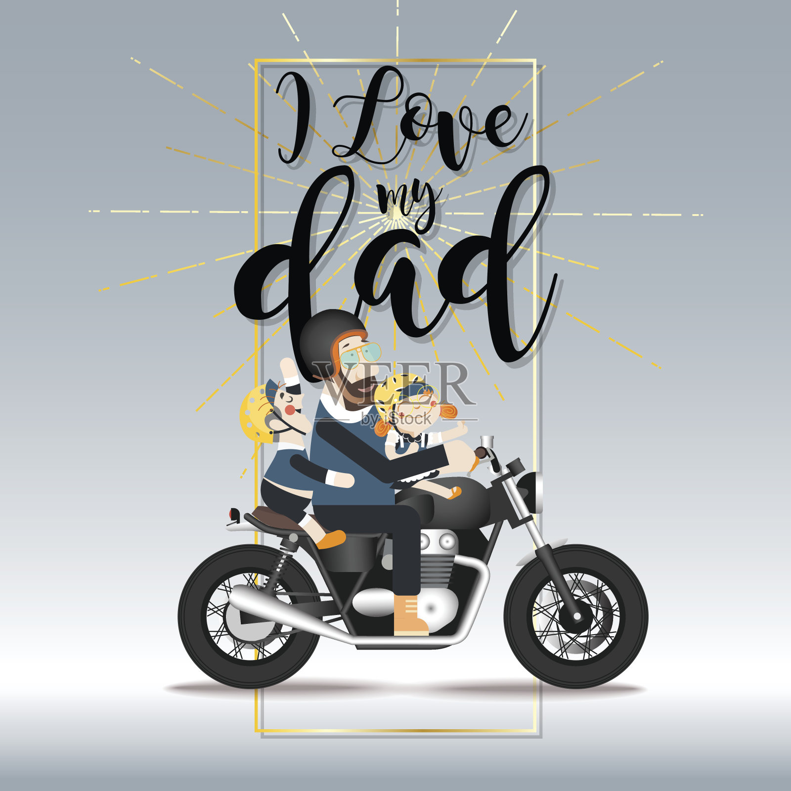 父亲节，爸爸和他的儿子和女儿骑摩托车设计模板素材