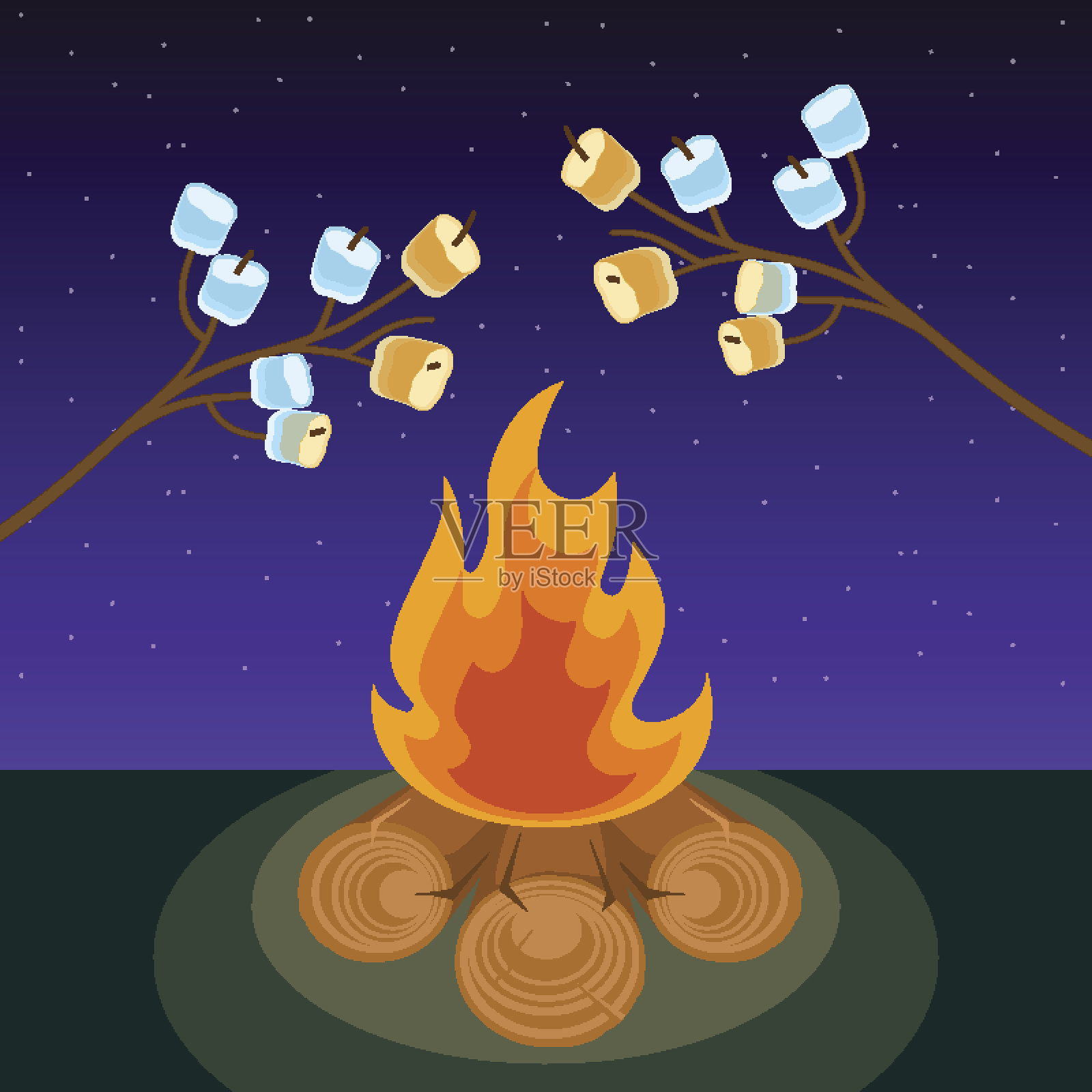 棉花糖串煮在篝火在晚上矢量插图插画图片素材