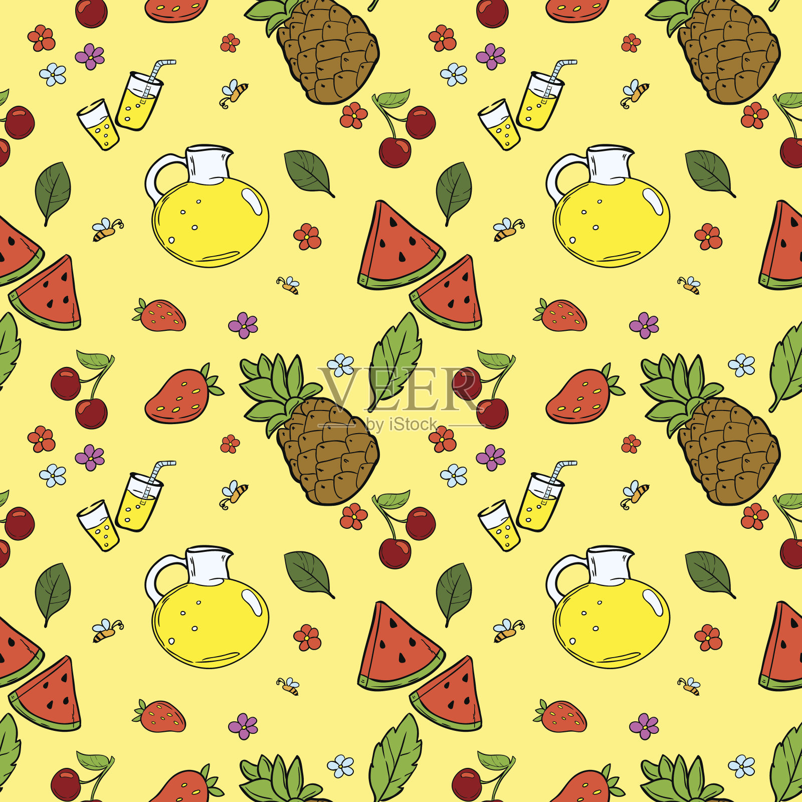 无缝模式与夏季水果和柠檬水/手绘涂鸦矢量插画图片素材