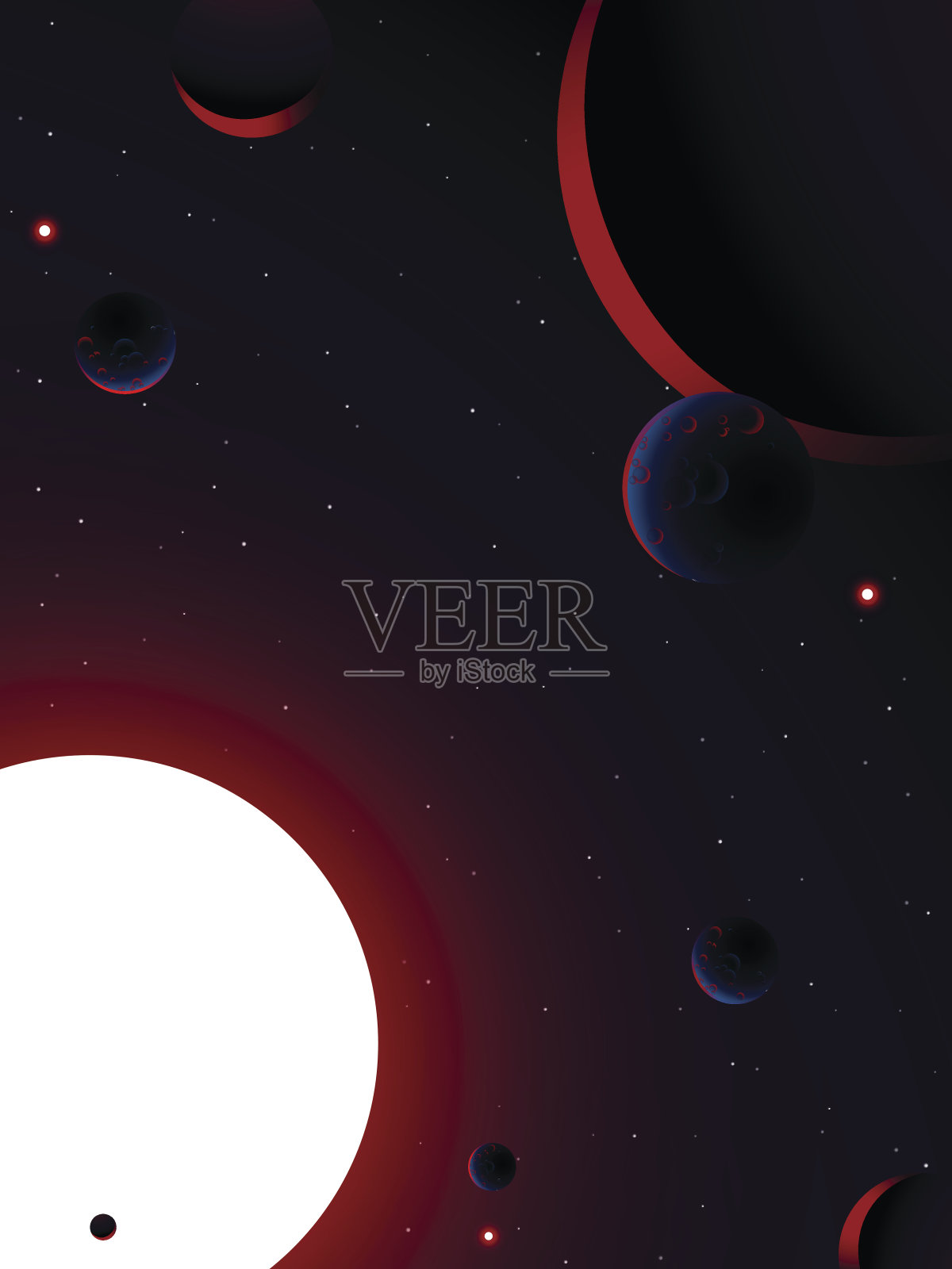 宇宙背景中的红色太阳、红色行星和月亮插画图片素材