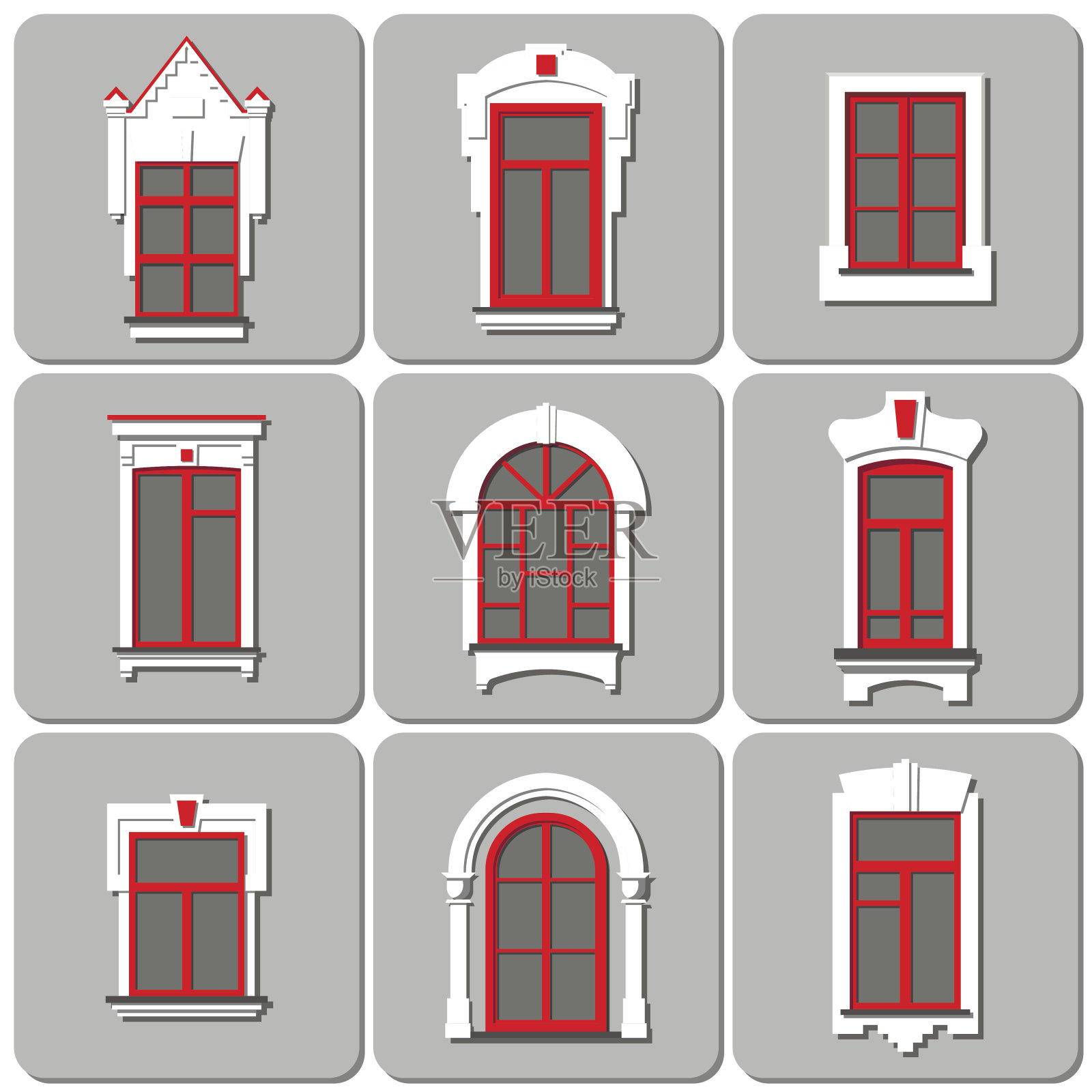 向量组的平面复古装饰红色窗户在伦敦风格的灰色背景。插画图片素材