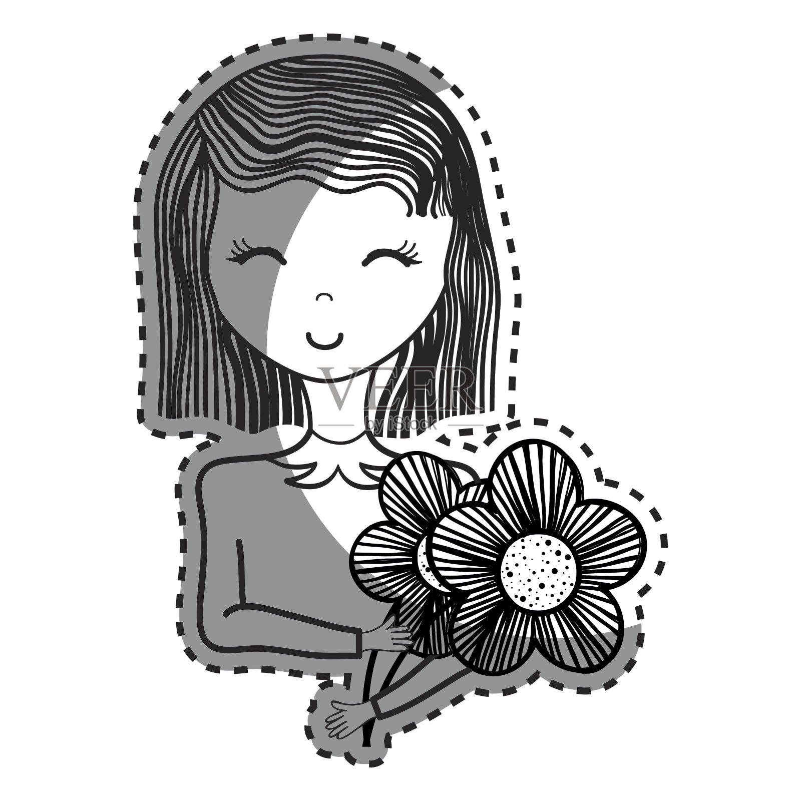 幸福的女人闭着眼睛送花插画图片素材