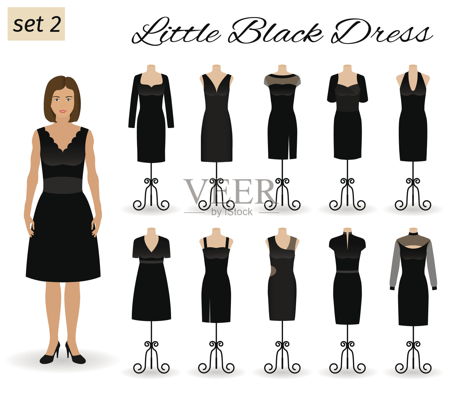 穿着小黑裙的时尚女性角色。模特身上的鸡尾酒会晚礼服。设计元素图片