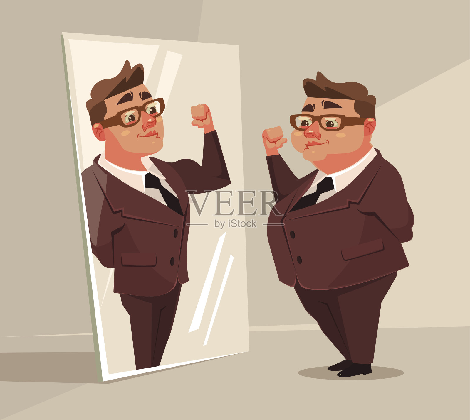 胖男人办公室职员性格假装强壮的男人在镜子里插画图片素材