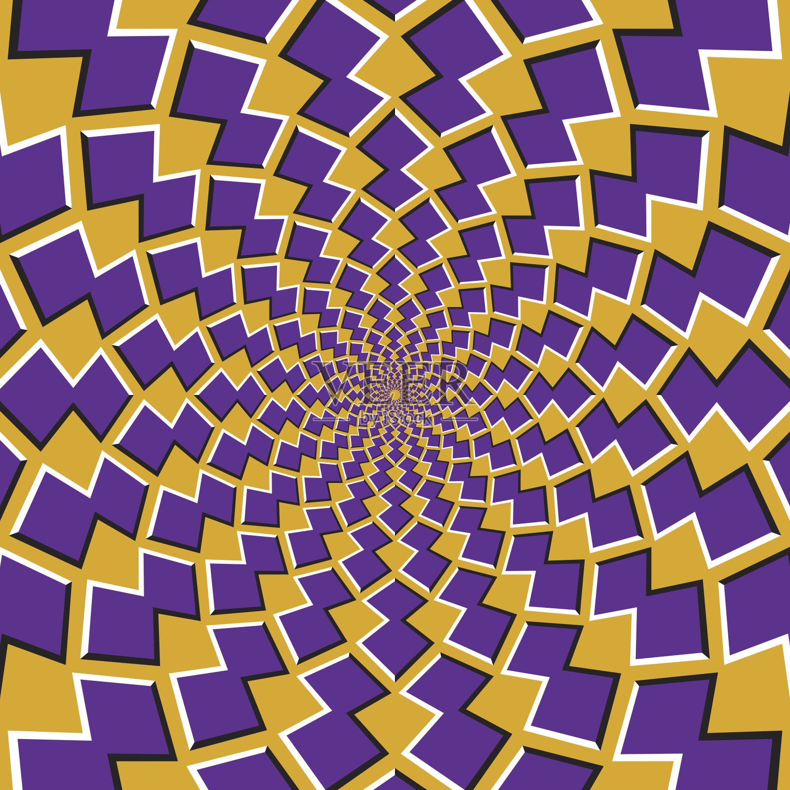 光学运动错觉背景。紫色的形状围绕中心在黄色的背景。插画图片素材