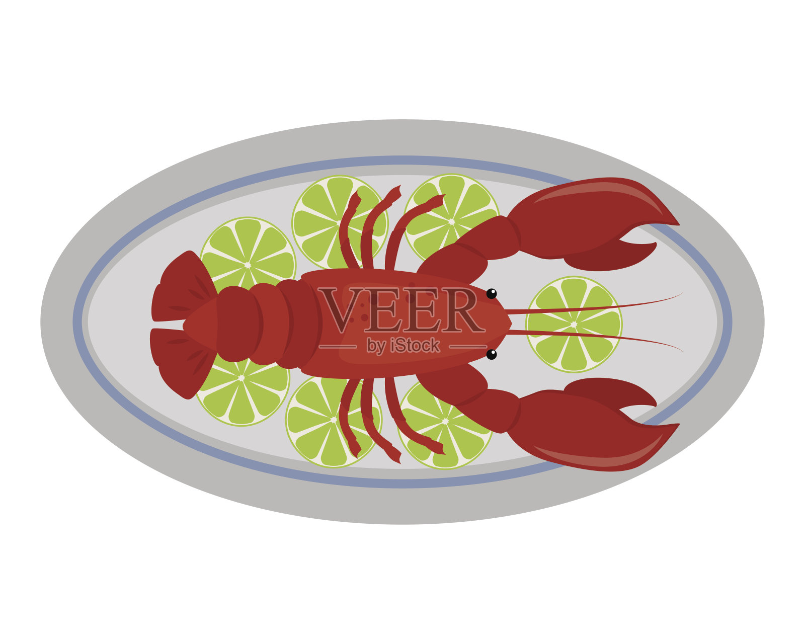 龙虾矢量平面插图新鲜海鲜图标爪餐和美食甲壳烹制晚餐海鱼美味的贝壳动物盘插画图片素材