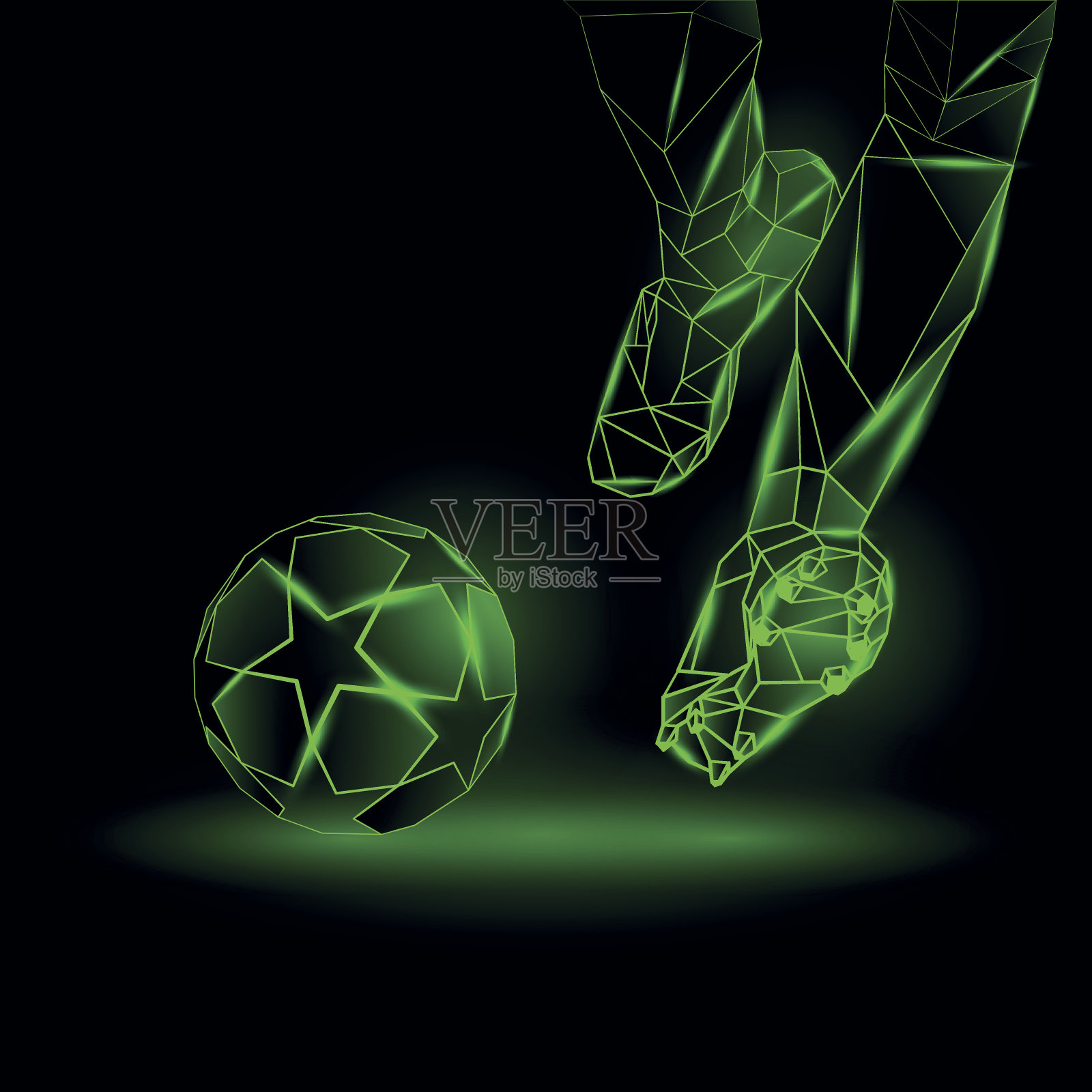 多边形足球开球插图。足球运动员击球。运动绿色霓虹背景。插画图片素材