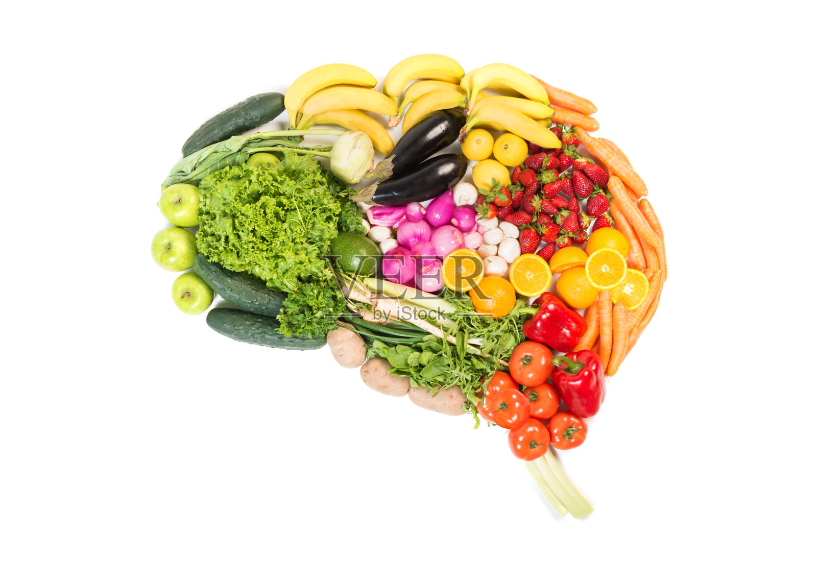 大脑是由孤立在白色背景上的水果和蔬菜组成的照片摄影图片