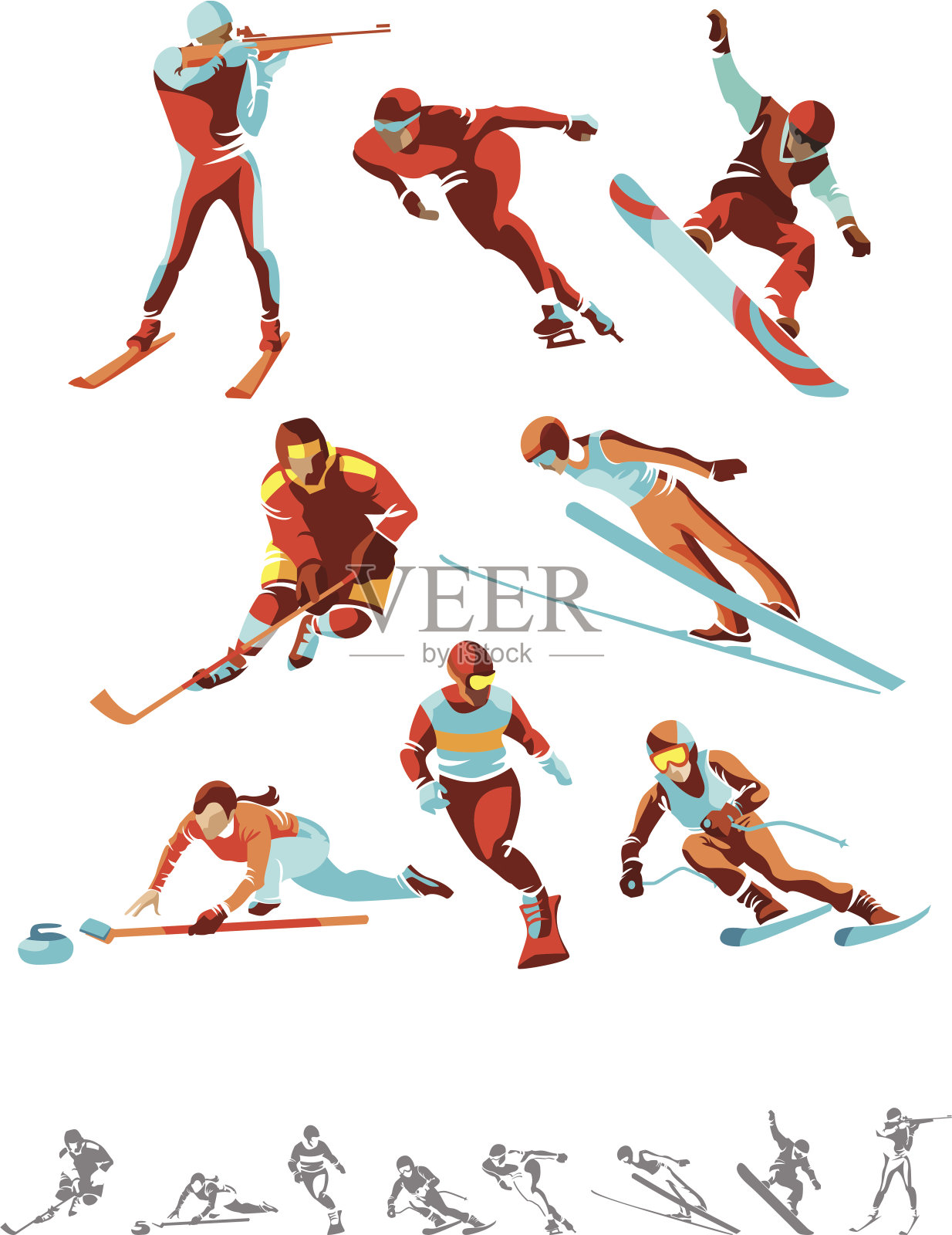 各种颜色和单调的冬季运动图标设计元素图片