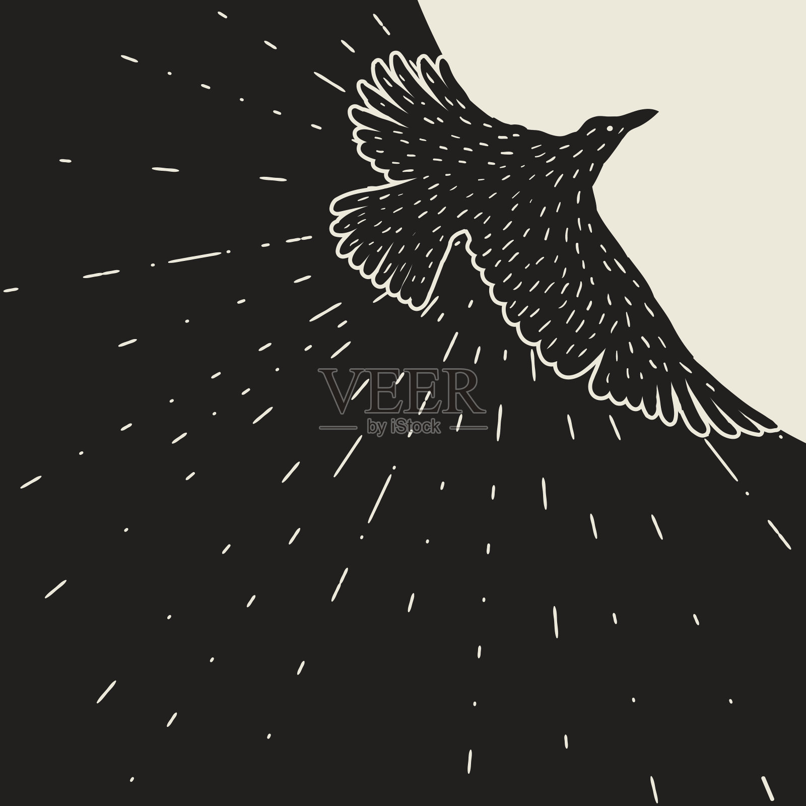 背景与黑色飞乌鸦。手绘的墨色鸟插画图片素材