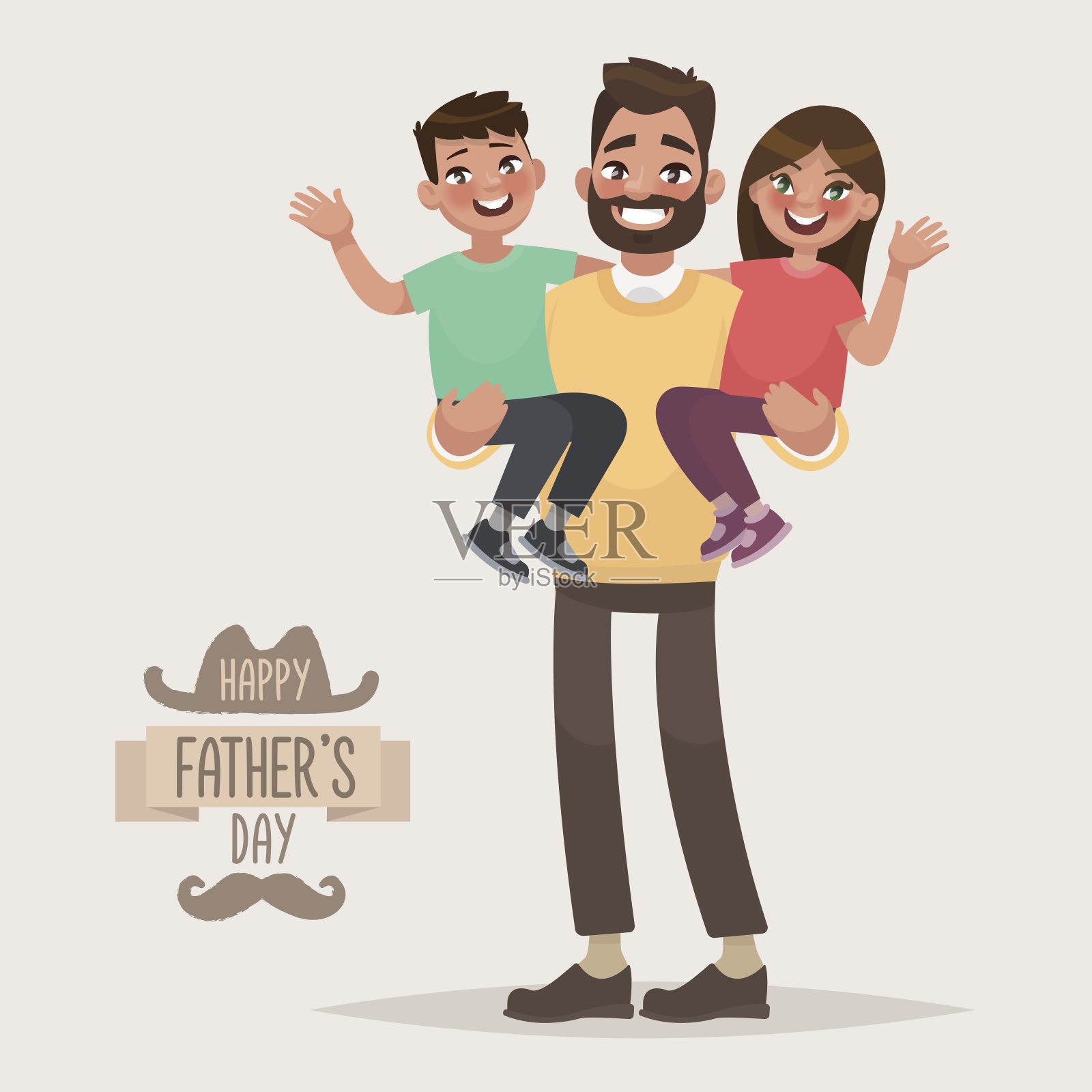 祝您父亲节快乐。爸爸抱着儿子和女儿。节日贺卡插画图片素材