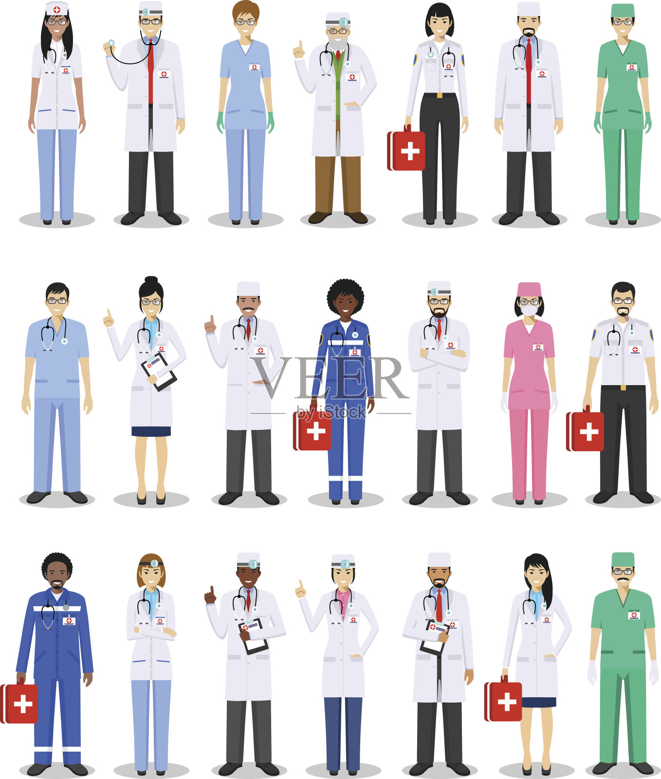 医学概念。医生和护士的详细说明在平面风格孤立的白色背景。开业医生男女站立姿势不同。矢量图插画图片素材