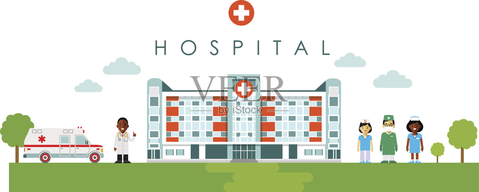 医疗概念医院大楼，医生和护士的扁平风格插画图片素材