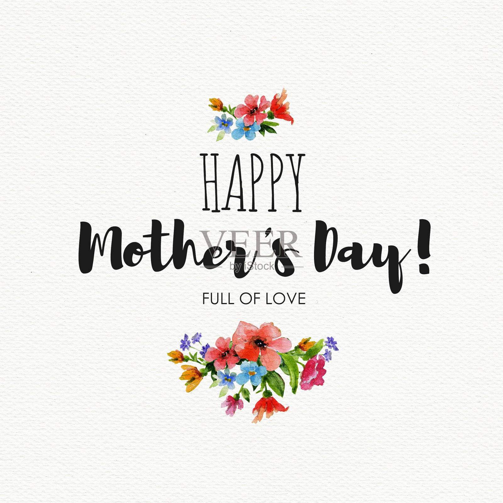 印有野花和字母的贺卡“母亲节快乐”。水彩卡上的纹理纸插画图片素材