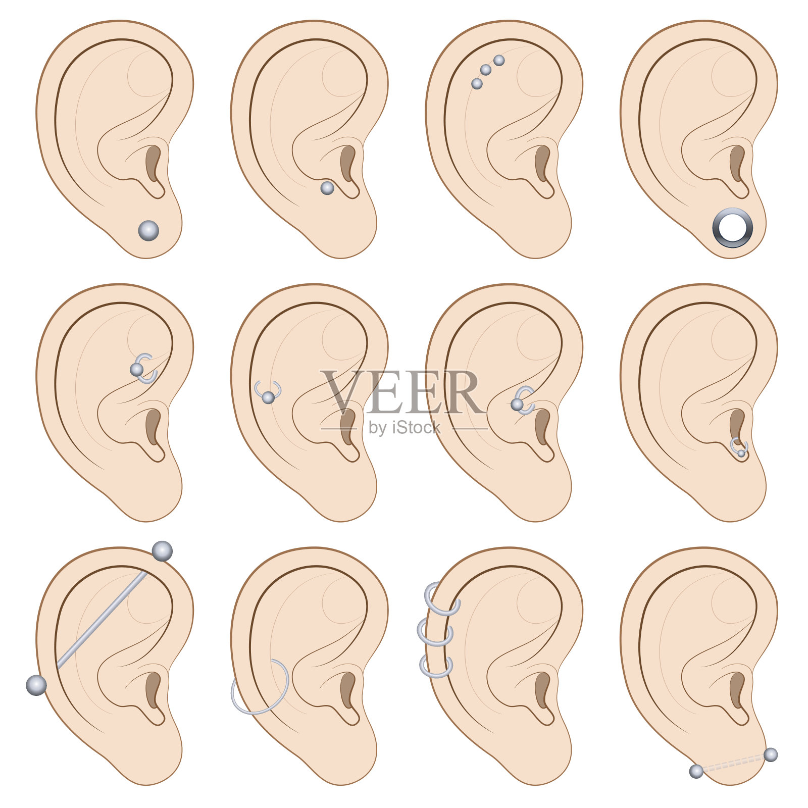 耳洞图- 12个不同的例子说明在白色的背景。插画图片素材