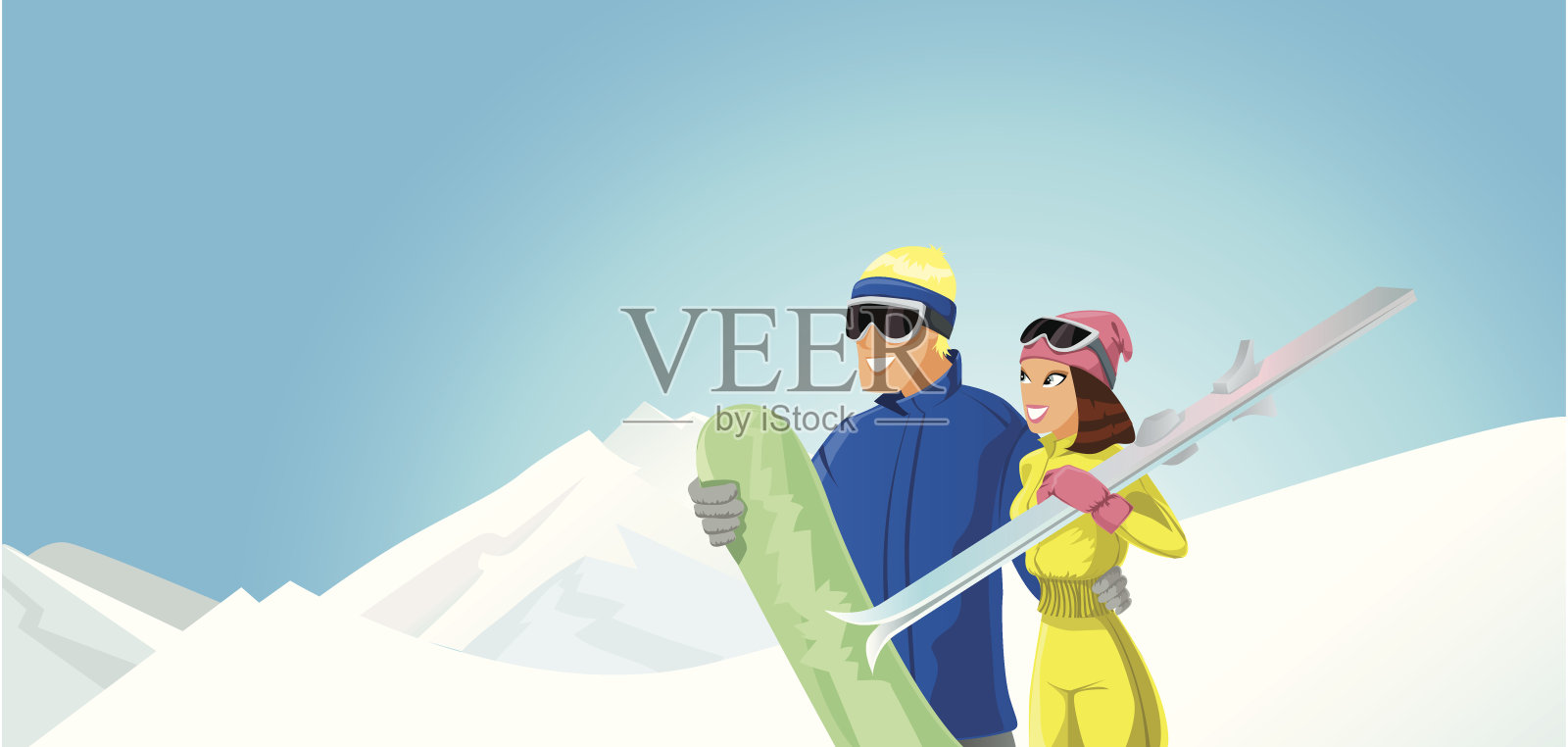年轻夫妇去滑雪插画图片素材