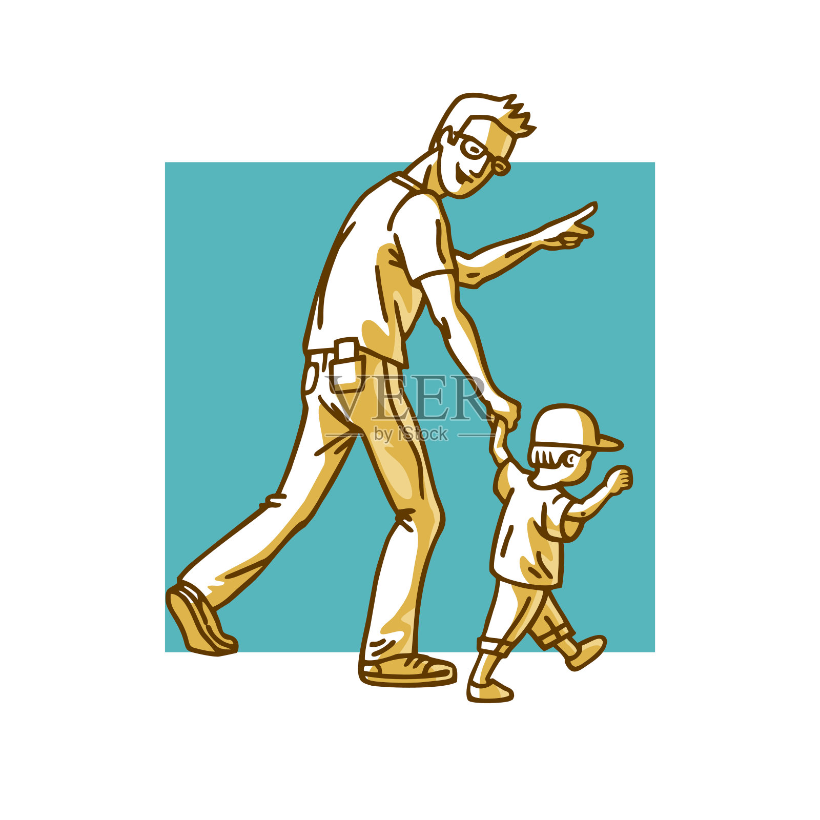 父亲和儿子。戴眼镜的爸爸和带帽子的小宝宝走路。男人用手指指向运动方向。插画图片素材