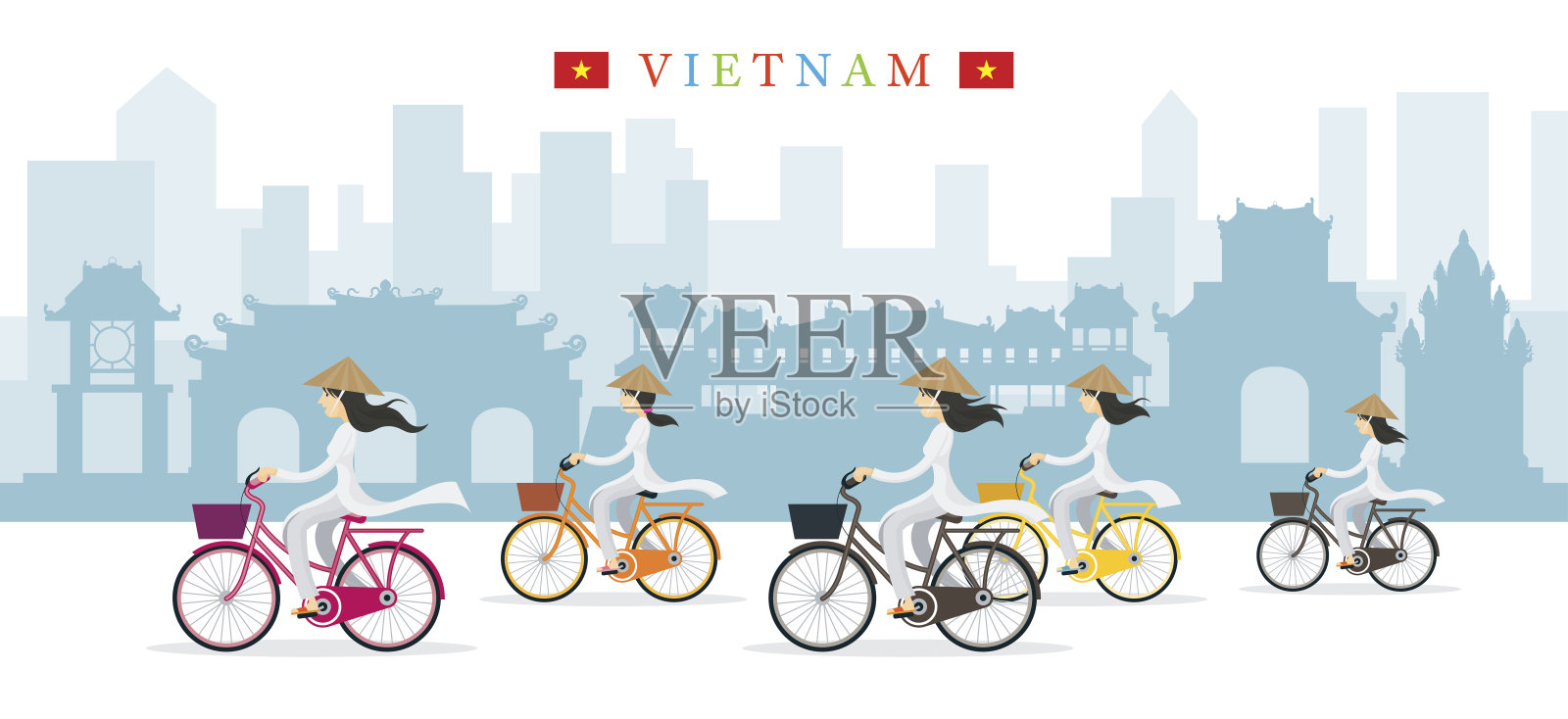 越南妇女与锥形帽子骑自行车，地标背景插画图片素材