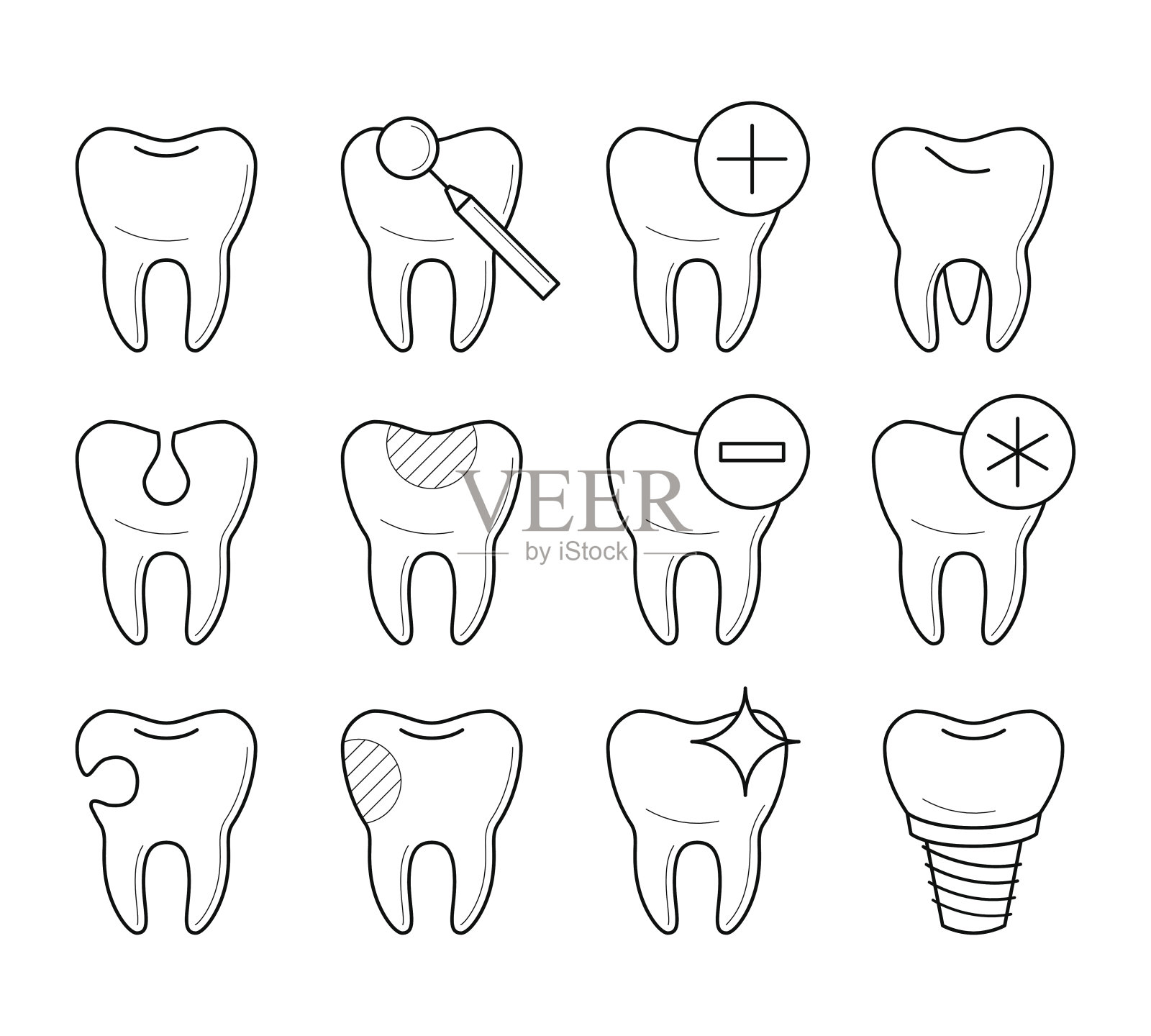 不同条件下的牙齿组，矢量图插画图片素材